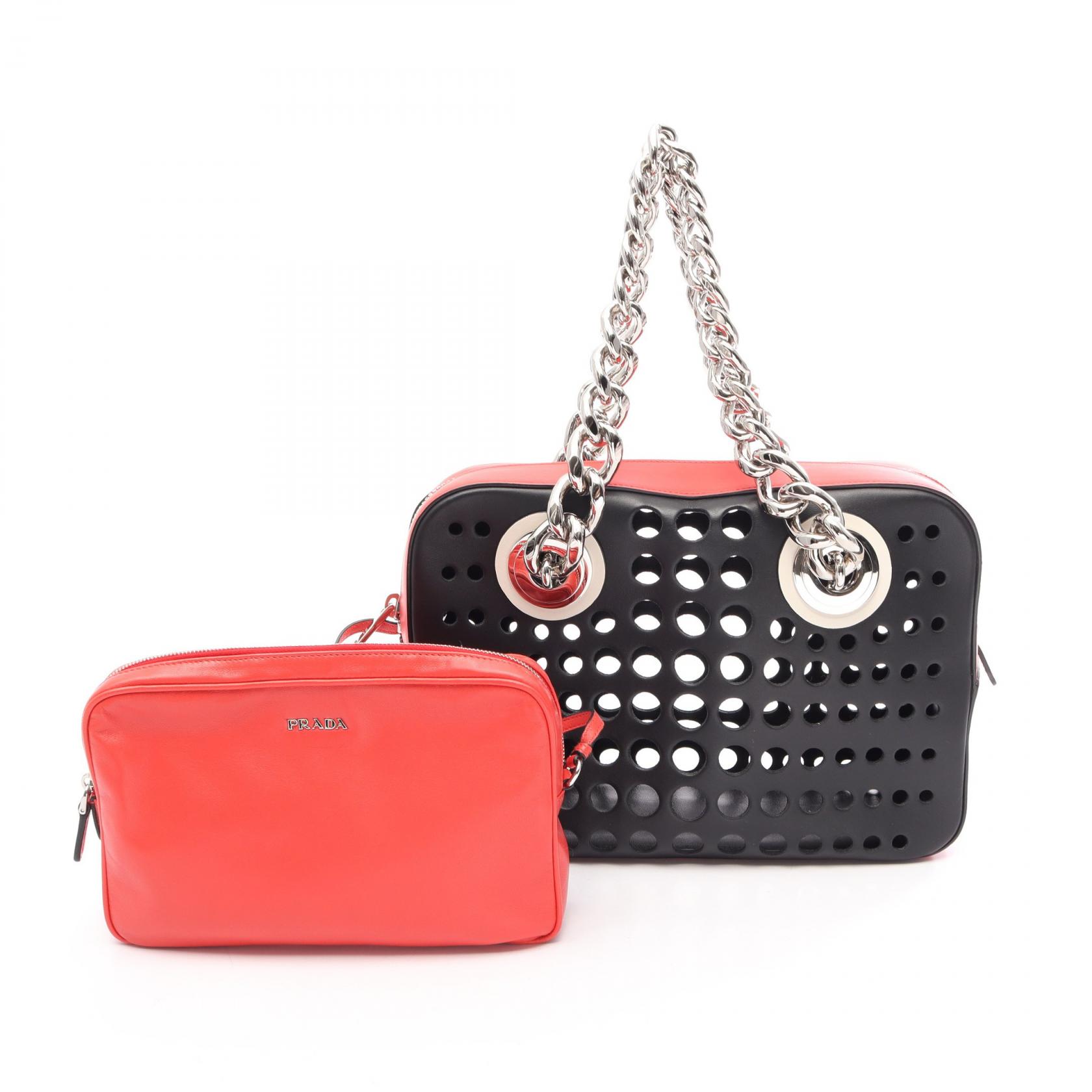 【10%OFFクーポン 7/21 10時~7/26 9:59】プラダ PRADA City Fori パンチング トートバッグ バッグ レザー ブラック系 / レッド系 【中古】|RECLO(リクロ)店