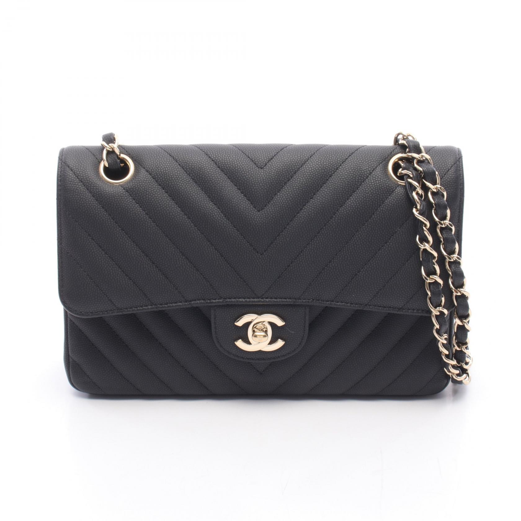 【10%OFFクーポン 7/21 10時~7/26 9:59】シャネル CHANEL シェブロン Vステッチ Wフラップ ショルダーバッグ バッグ キャビアスキン(グレインドカーフ) ブラック系 A01113 【中古】|RECLO(リクロ)店