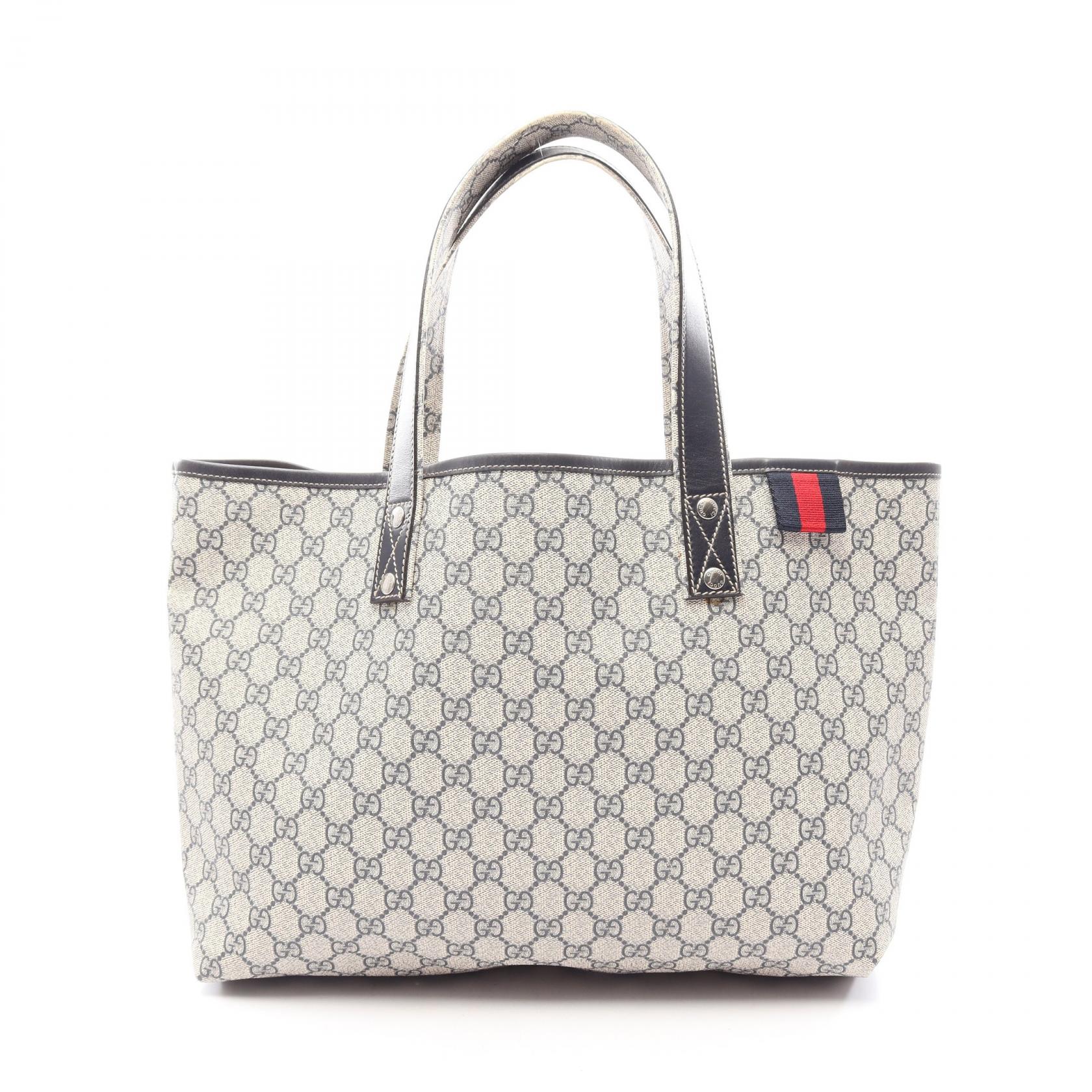 【10%OFFクーポン 7/21 10時～7/26 9:59】グッチ GUCCI GGスプリーム シェリーライン トートバッグ バッグ PVCコーティングキャンバス レザー ベージュ系 / ネイビー系 211134 【中古】｜RECLO（リクロ）店