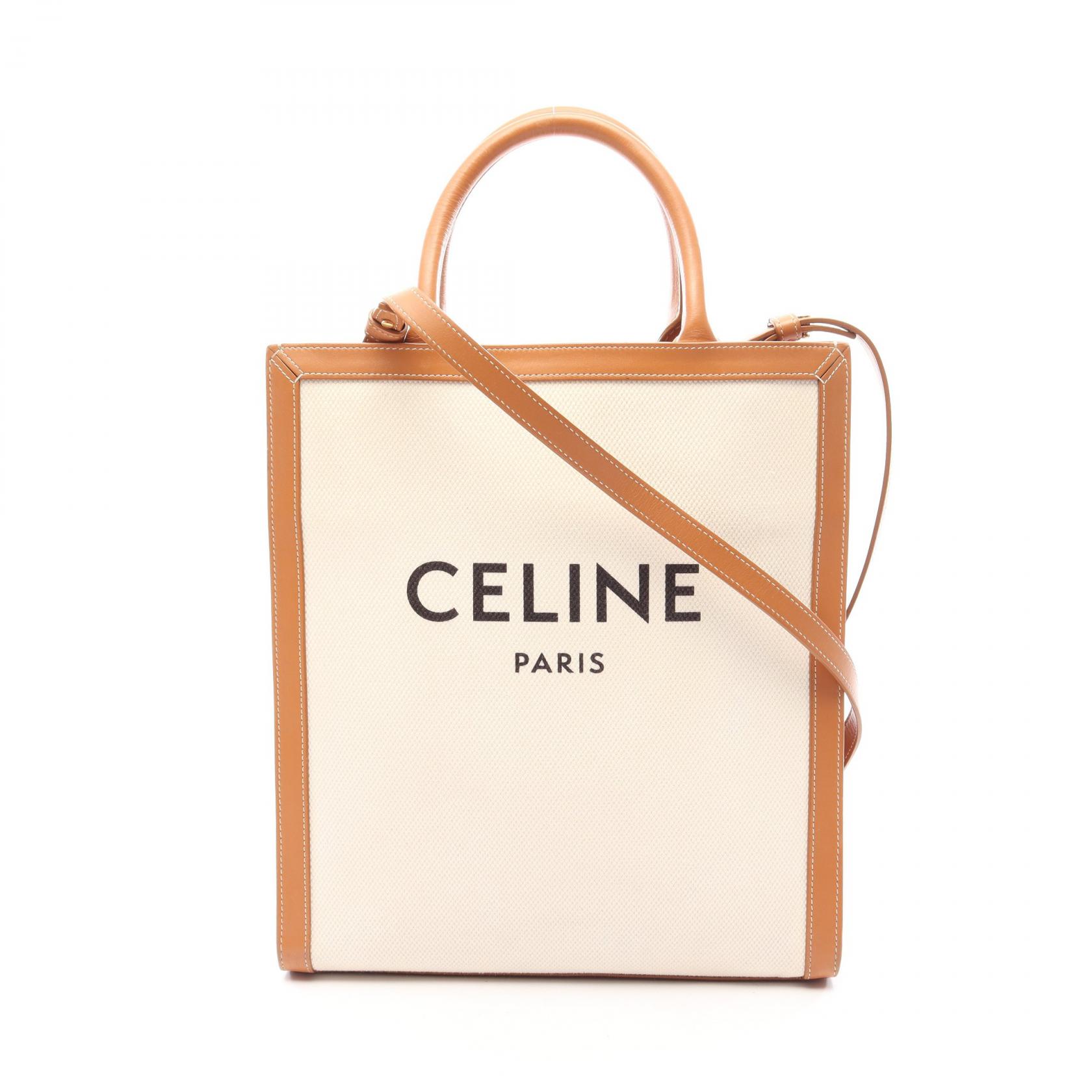 【10%OFFクーポン 7/21 10時～7/26 9:59】セリーヌ CELINE スモール バーティカル カバ 2WAY トートバッグ バッグ キャンバス レザー アイボリー系 / ブラウン系 【中古】｜RECLO（リクロ）店