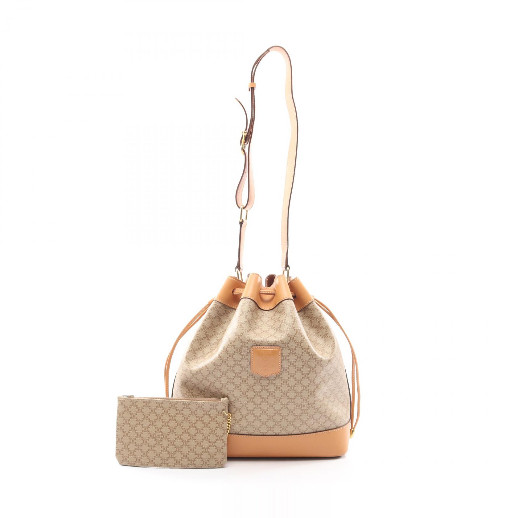 セリーヌ CELINE マカダム ドローストリング ショルダーバッグ バッグ PVCコーティングキャンバス レザー ベージュ系 【中古】|RECLO(リクロ)店