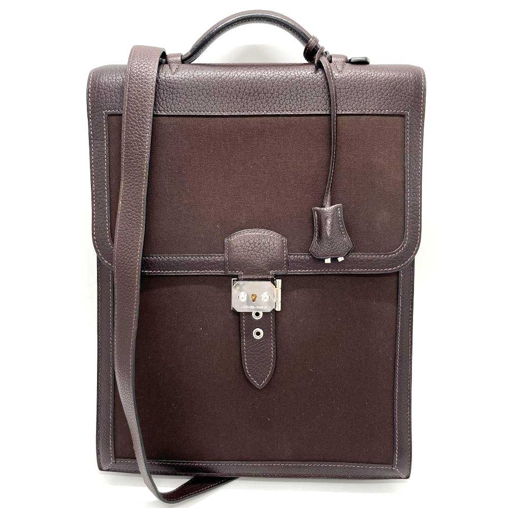 【貨物輸送無料】 HERMES エルメス サックアデペッシュDPLG 帆布 なめし革 靉靆たる赤銅色 しろがね色金具 ?F目じるし ショルダーバッグ 赤銅色 飛脚屋御徒面子 メンズ 成人男性 レディース お上さん ユニ一発やる 男女兼用 【中古】