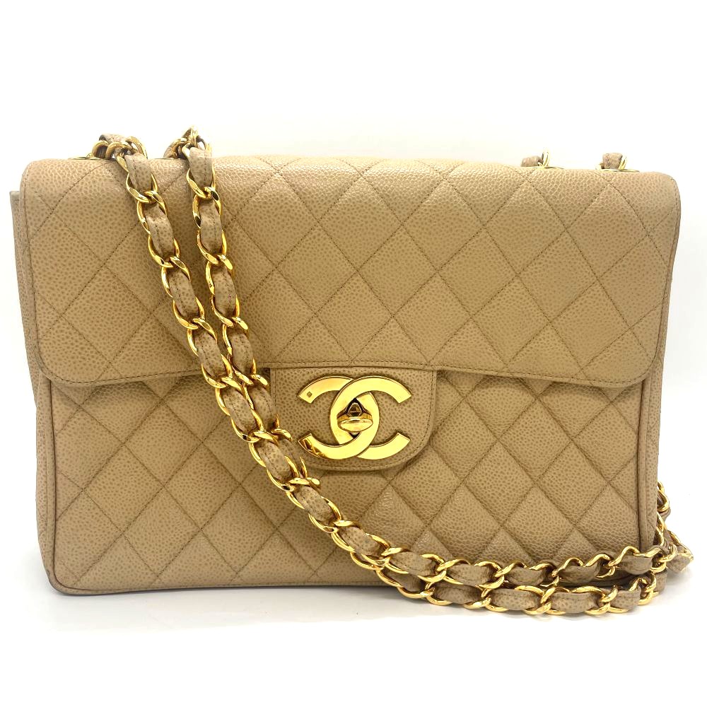 【送料無料】 CHANEL シャネル デカマトラッセ チェーンショルダーバッグ キャビアスキン シングルフラップ ダブルチェーン ベージュ ゴールド金具 3番台 ハンドバッグ レディース 女性 【中古】