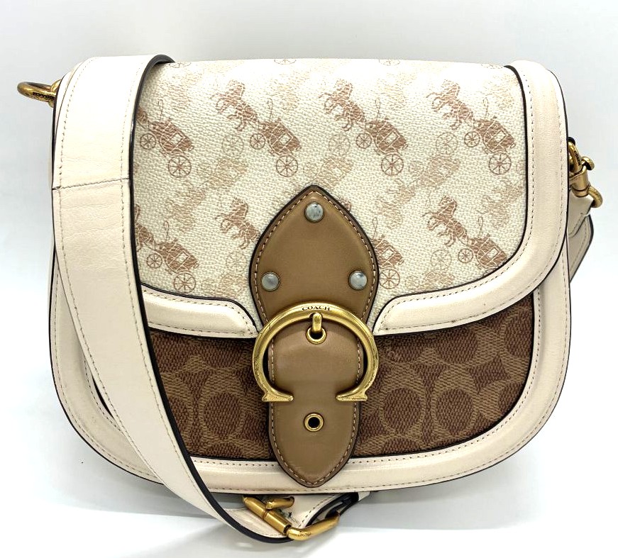 【送料無料】 COACH コーチ ビート サドルバッグ シグネチャーショルダーバッグ B2181-C3837 ホースアンドキャリッジ レザー ホワイト ゴールド金具 ブラウン レディース 女性 【中古】｜Re.connect