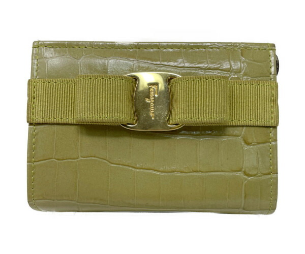 【中古】Salvatore Ferragamo ヴァラ ポーチ クロコ調 キーホルダー付