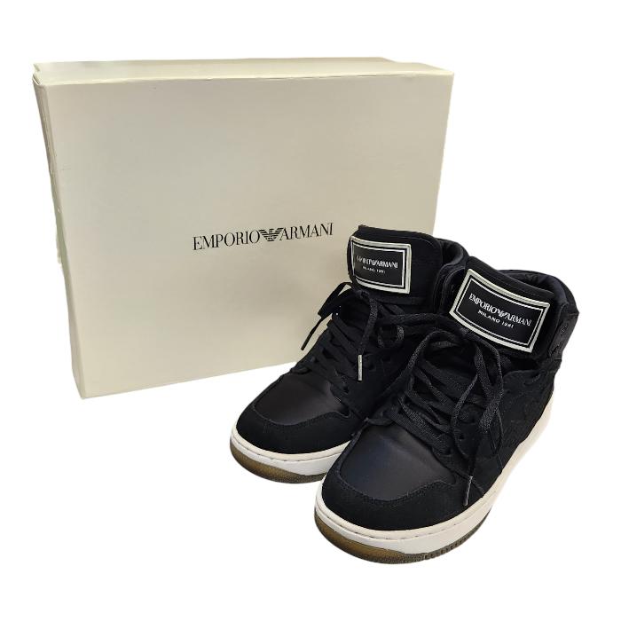 【中古】 EMPORIO ARMANI スニーカー レディース ハイカット ロゴ サテン ブラック 約22.5cm X3Z033 XM080 T1|リサイクル王国