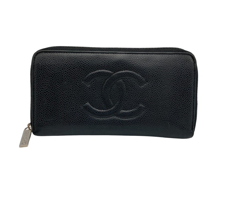 【中古】 CHANEL シャネル キャビア人はだ ラウンドジッパー長紙入れ 黒いこと D4