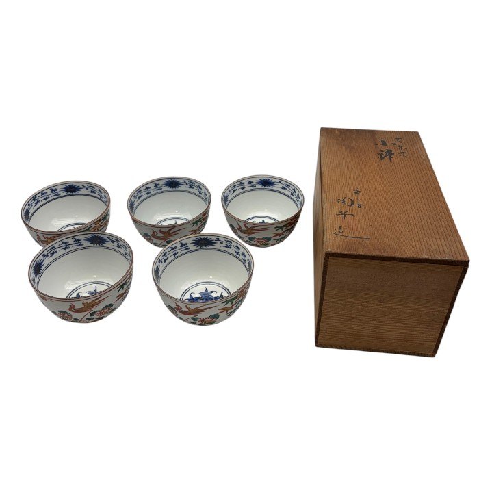 【中古】 【未使用品】 平安陶華造り 呉須赤絵花鳥 茶碗揃い 5客 セット W1｜リサイクル王国 10,950円