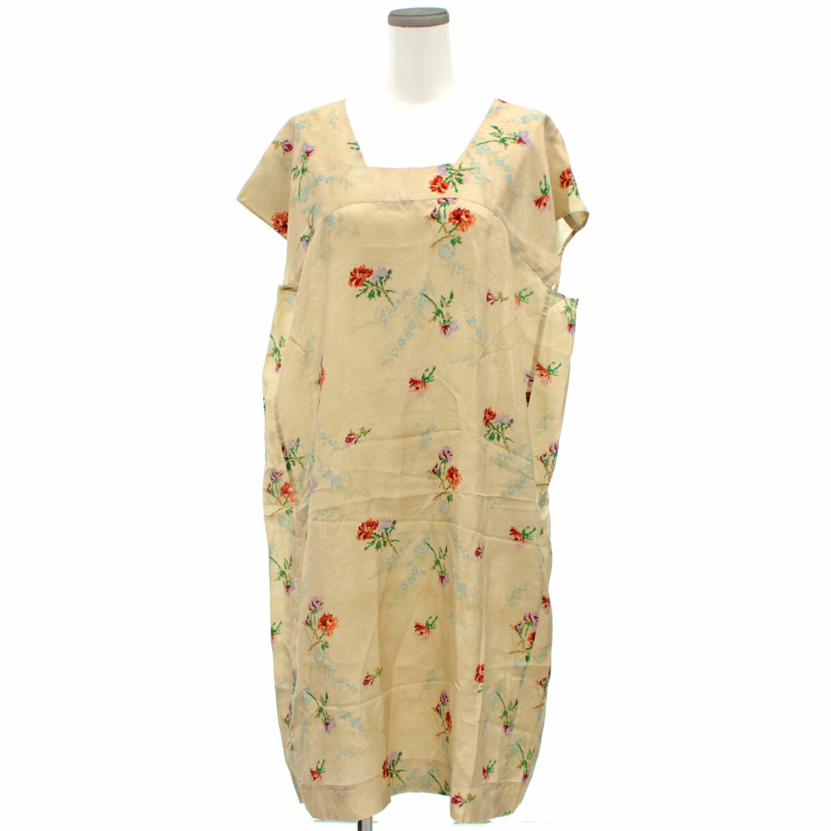 経典 45r ベージュ ロング丈 フレンチスリーブ インナー付き レディース 中古 サイズ2 Beige シルクワンピース 花柄 45rpm 45rpm ワンピース シルク100 花柄未使用品 45r 1 Spi Edu Kh