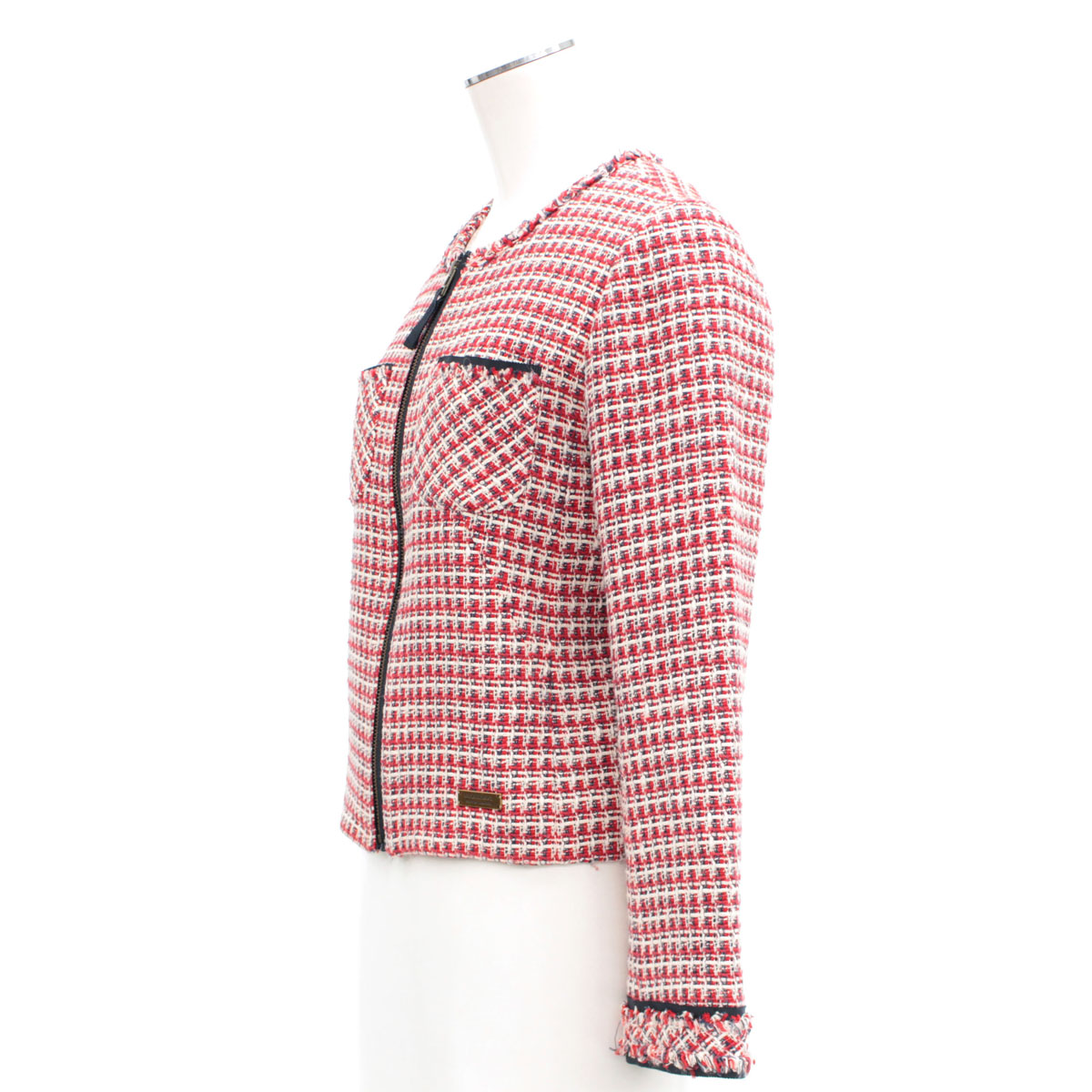 Burberry ティファナ Red ノーカラージャケット サイズ38 Burberry バーバリーブルーレーベル リサイクル 赤 レッド ツイード ジップアップ レディース アウター 中古