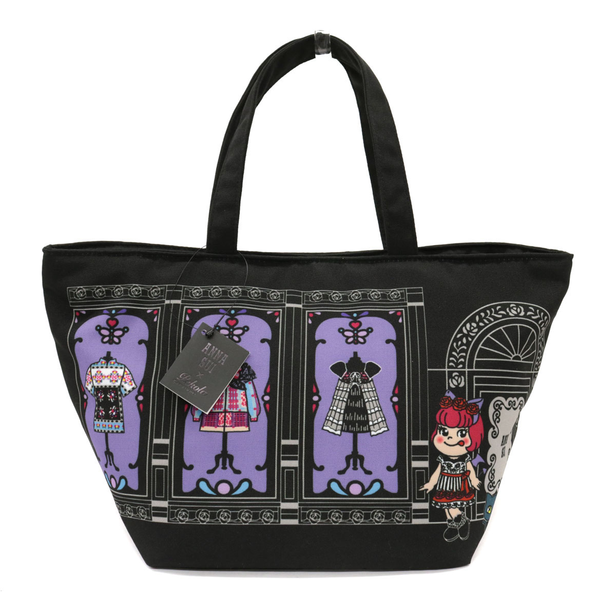 リサイクル 未使用品 Anna 未使用品 Anna Sui Peko 中古 ペコラ Black 黒 ブラック パープル マグネット開閉 レディース 鞄 アナスイ 不二家 ペコラ アナスイ 不二家 ランチトートバッグ ティファナ