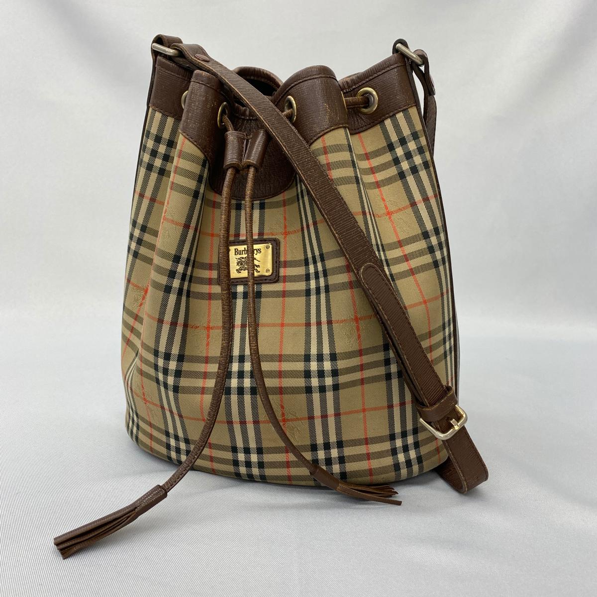 中古 バッグ 茶 ブラウン ノバチェック ジャガード ヴィンテージ 鞄 レディース Ka1011 訳あり Burberrysバーバリーズ 巾着 ショルダーバッグ Brown 巾着ショルダーバッグ Brown リサイクル ティファナ