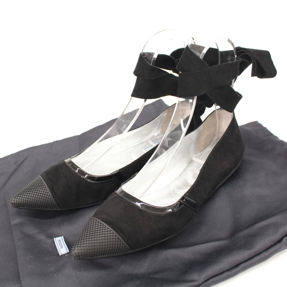 美品 Prada サイズ35 中古 サイズ35 黒 ブラック レザー スエード エナメル レースアップ レディース 靴 プラダ リサイクル ティファナ Black 美品 Prada 1 2 1 2 Black フラットシューズ