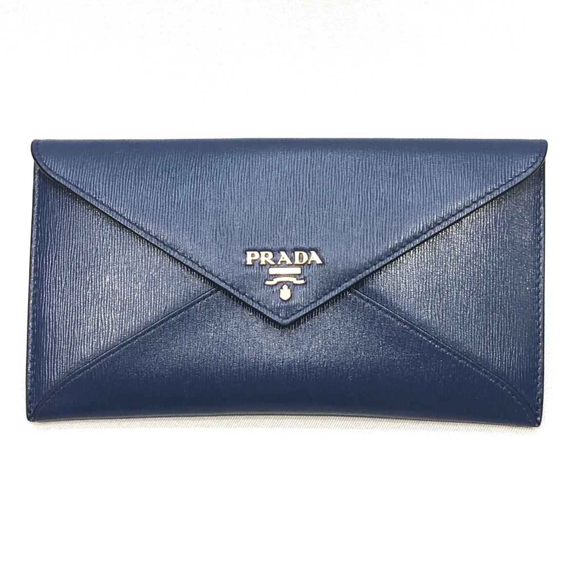 エンベロップ型長財布 Navy 紺 ネイビー レザー 札入れ ウォレット メンズ レディース Fu1002 プラダ リサイクル Prada レディース財布 プラダ ティファナ Prada 中古