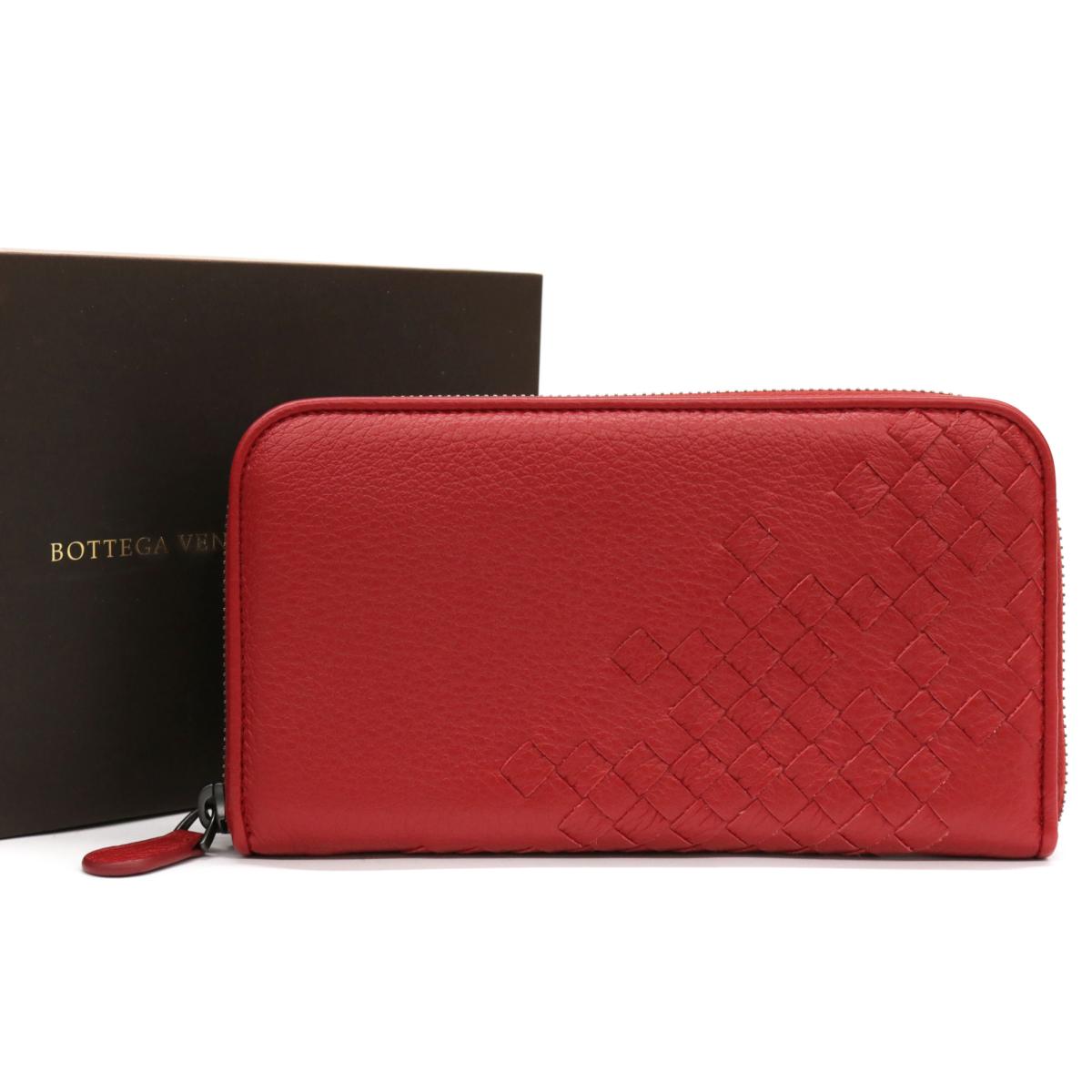 良好 Bottega Veneta ボッテガヴェネタ イントレチャート レザー ラウンドファスナー長財布 Red 赤 レッド ウォレット レディース 服飾小物 ブランド雑貨 中古 Mozago Com