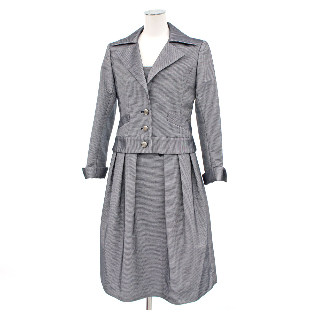 輝く高品質な 良好 Rene ルネ ジャケット ワンピース セットアップスーツ サイズ36 グレー ネイビー ノースリーブ 膝丈 リボン レディース 格安即決 Erieshoresag Org