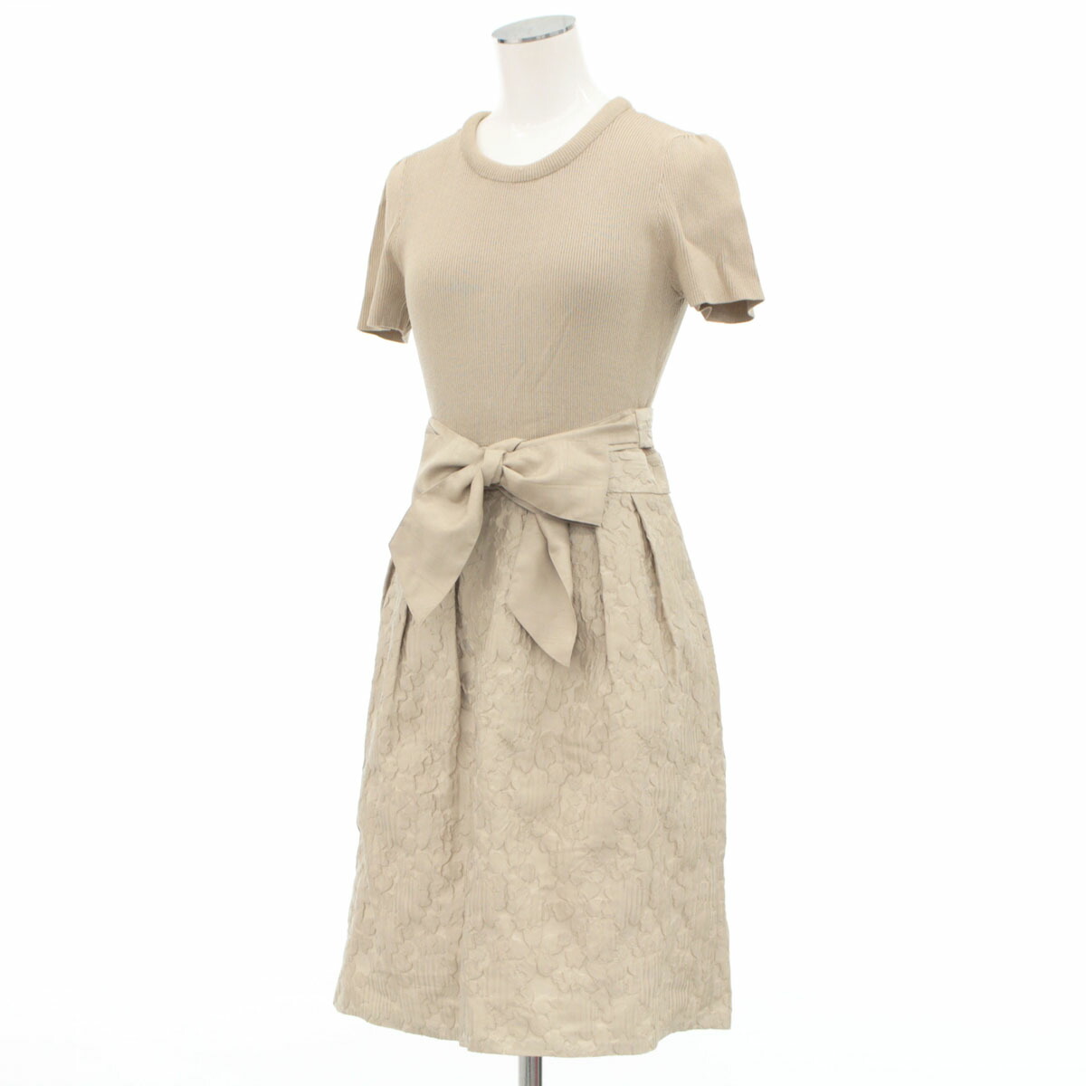 レディースファッション ワンピース 最高級 Beige ベージュ ドッキング L 膝丈 ベルト紐付き クルーネック レディース 中古 サイズ40 半袖ワンピース トゥービーシック Chic Be 良好 To Www Matrimonioweb Net