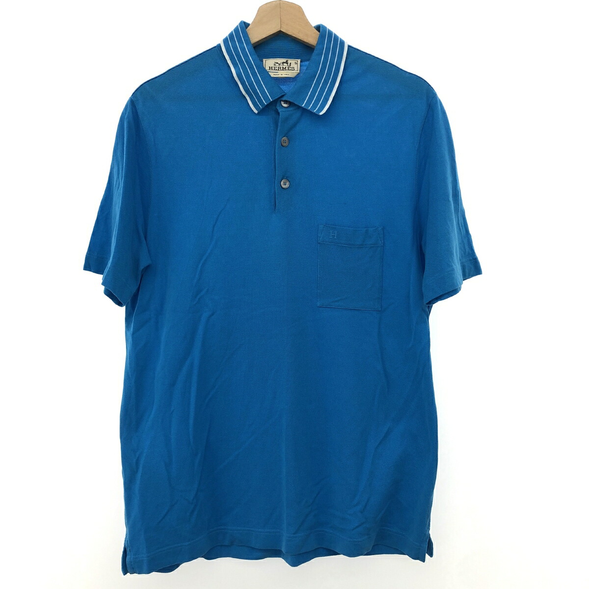 希少　オールド　エルメス 半袖　ポロシャツ　無地　XL ブルー　コットン　メンズ エルメス H刺繍コットン半袖ポロシャツ メンズ XL