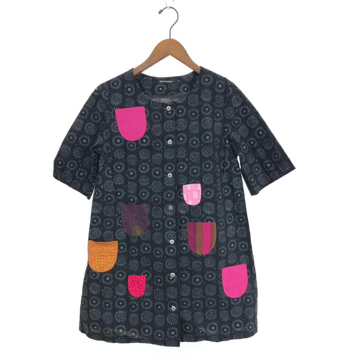marimekko - マリメッコ 総柄 7分袖 チュニック XS ブラック系 marimekko ワンピース カットソー レディース marimekko マリメッコ *総柄プリントカットソーワンピース*XSS七