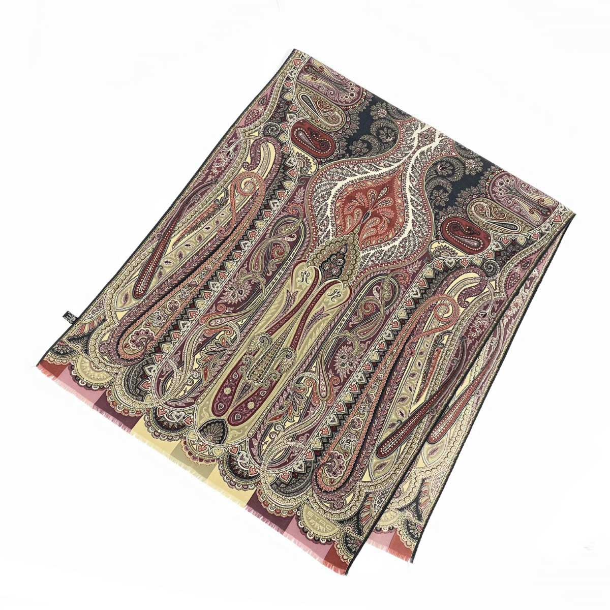 【美品】ETROエトロ イタリア製ウールシルク ペイズリー柄大判ストール 紫系 美品】ETROエトロ イタリア製ウールシルク ペイズリー柄大判