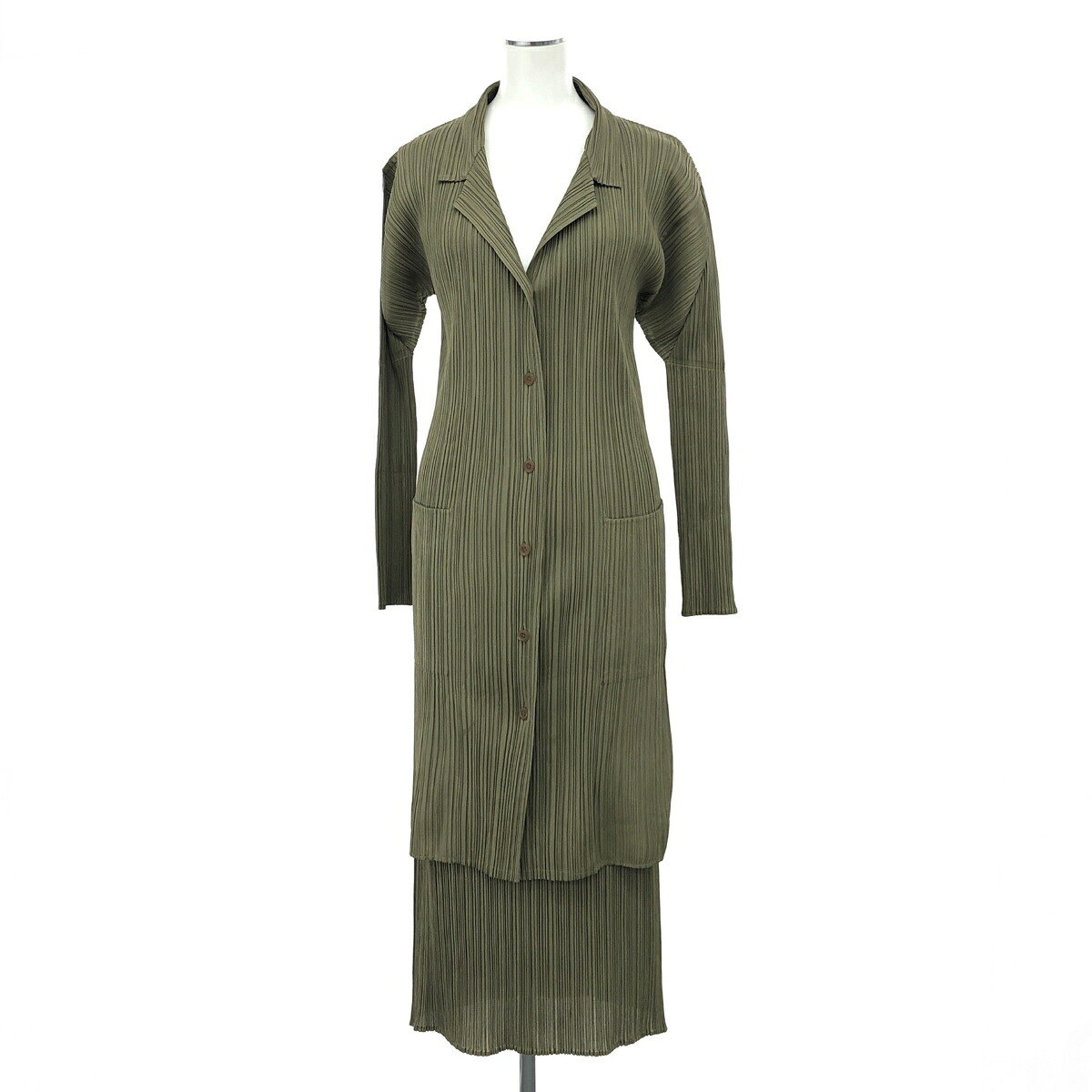★百貨店大売り出し客体商いもの★ PLEATS PLEASE 筋目プリーズ ロング上衣×スコート セットアップ  大きさ上3/下2 PP93-JD121 カーキ  レディース  上下仕かける 【中古】