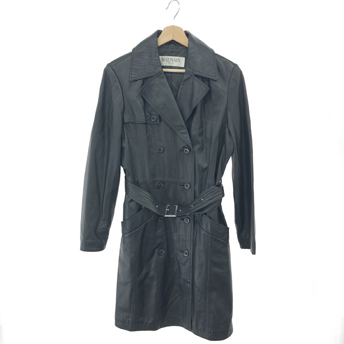 BALMAIN ノーカラー ラムレザー レザーコート ベルト ジャケット 1240001125326_1.jpg