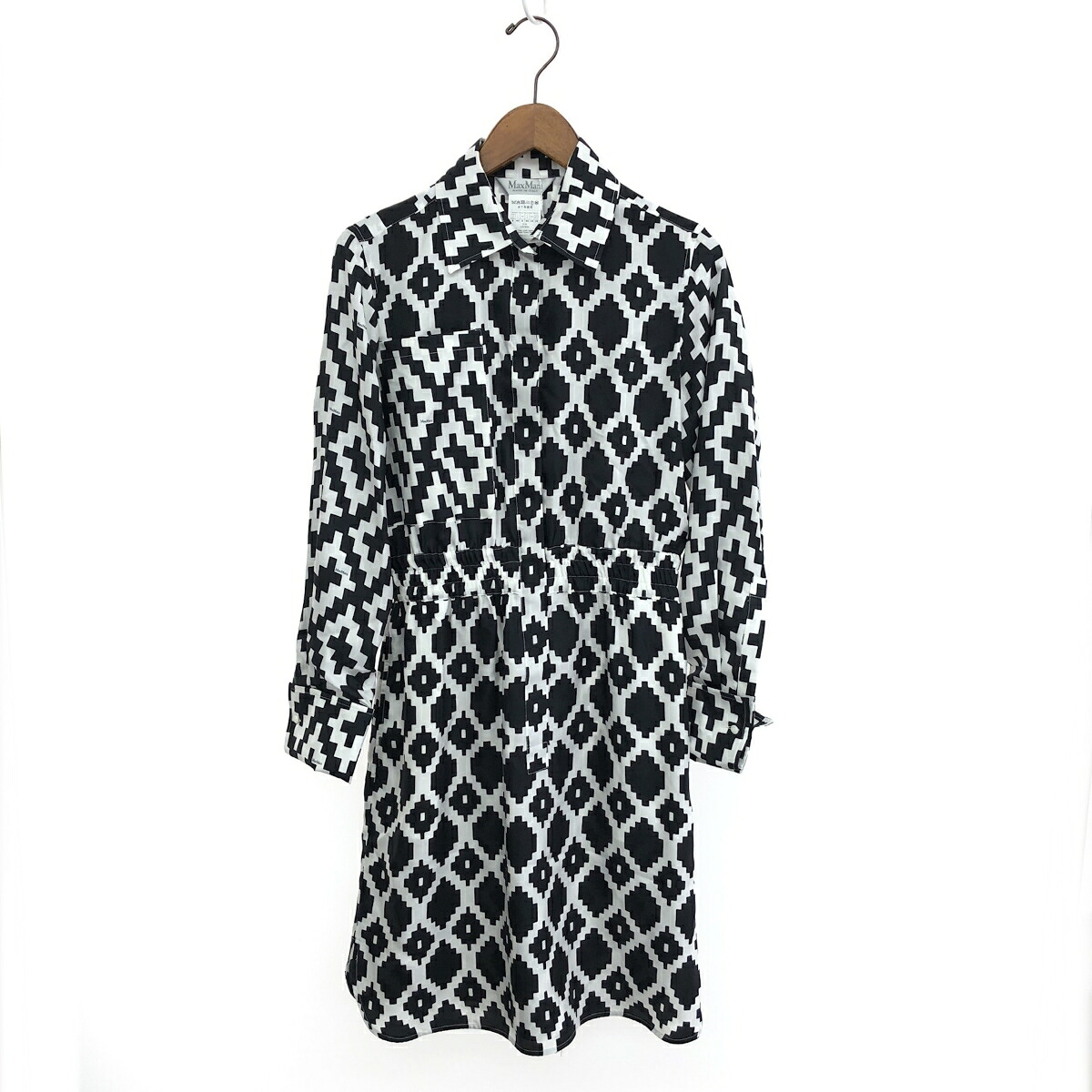 MAX MARA マックスマーラ ウエストギャザー ワンピース 未使用品 サイズ:I40 ブラック/ホワイト レディース 総柄 参考価格￥133100 【中古】