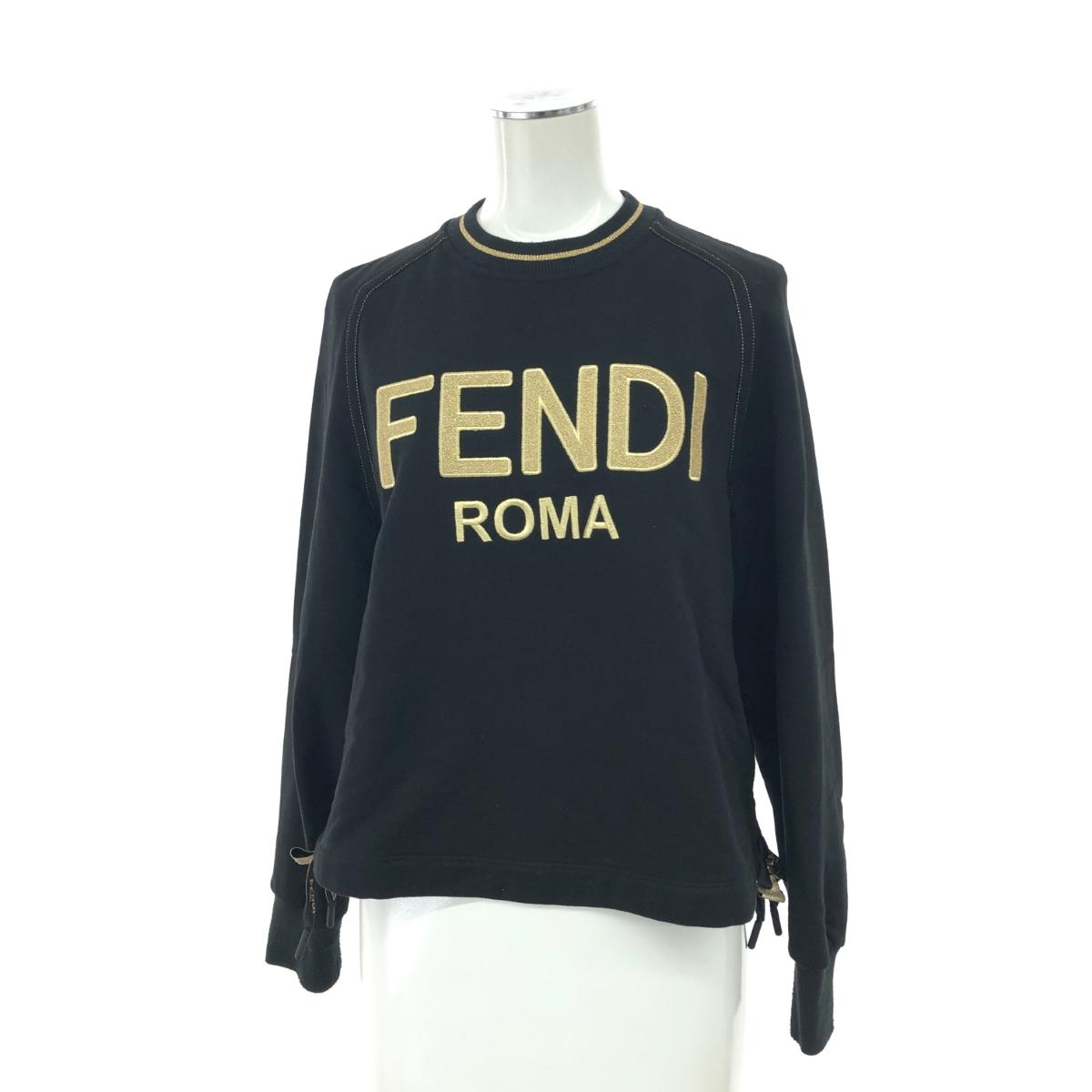 FENDI フェンディ サイドリボン ロゴ ショート丈 スウェット サイズ:XXS ブラック/ゴールドカラー レディース トップス 20年 【中古】