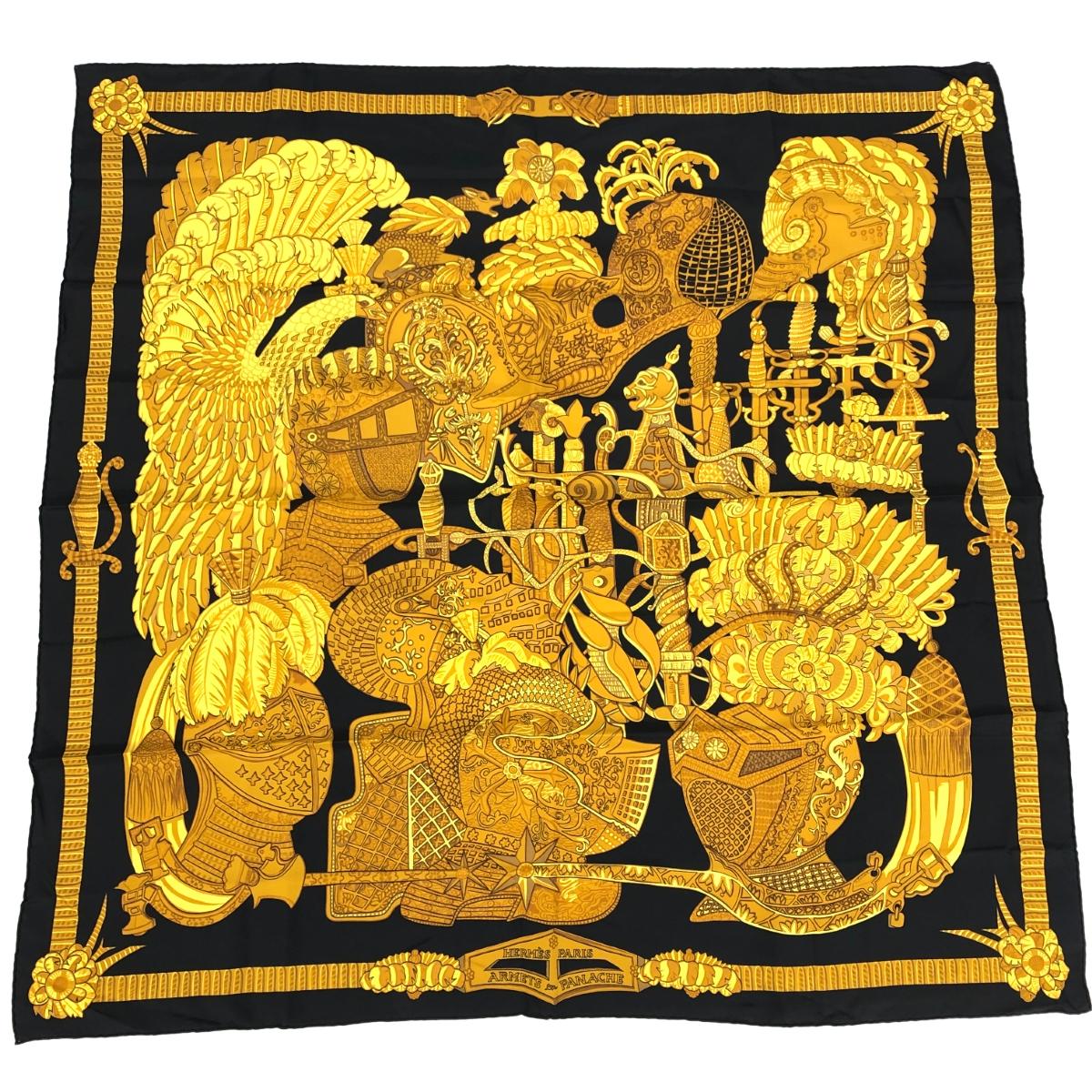 HERMES エルメス スカーフ 良好 カレ90/ARMETS en PANACHE/羽飾りの騎兵兜 シルク100％ ブラック/ゴールドカラー レディース【中古】