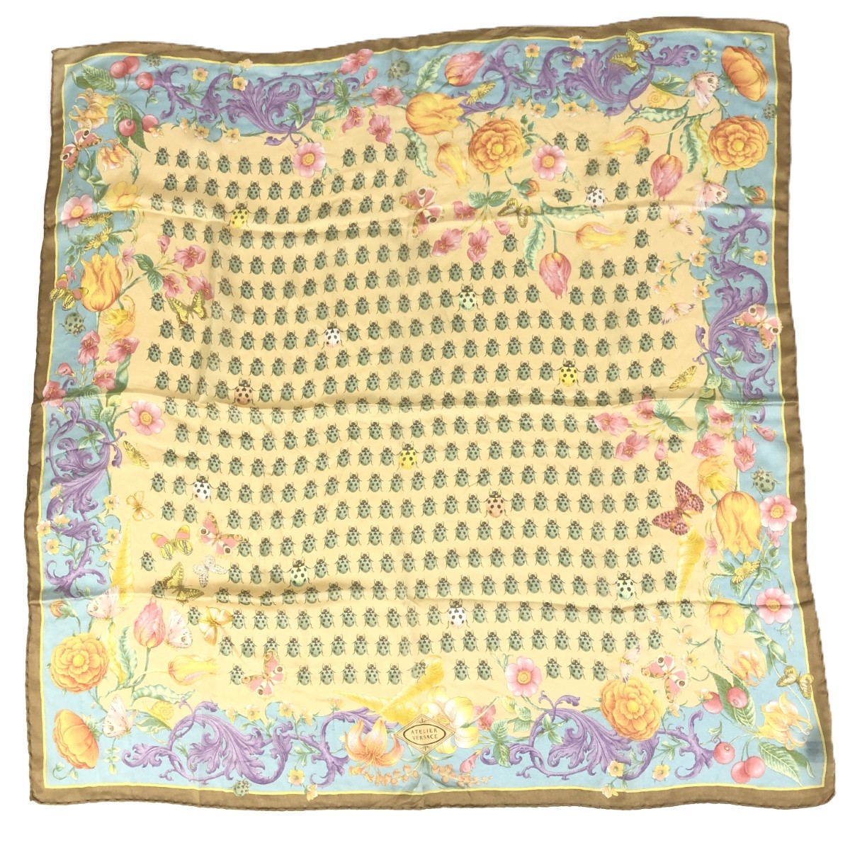 【新品】VERSACE 刺繍入り　アンティーク扇子柄　大判ハンカチ　ヴェルサーチ 新品】VERSACE 刺繍入り アンティーク扇子柄 大判ハンカチ