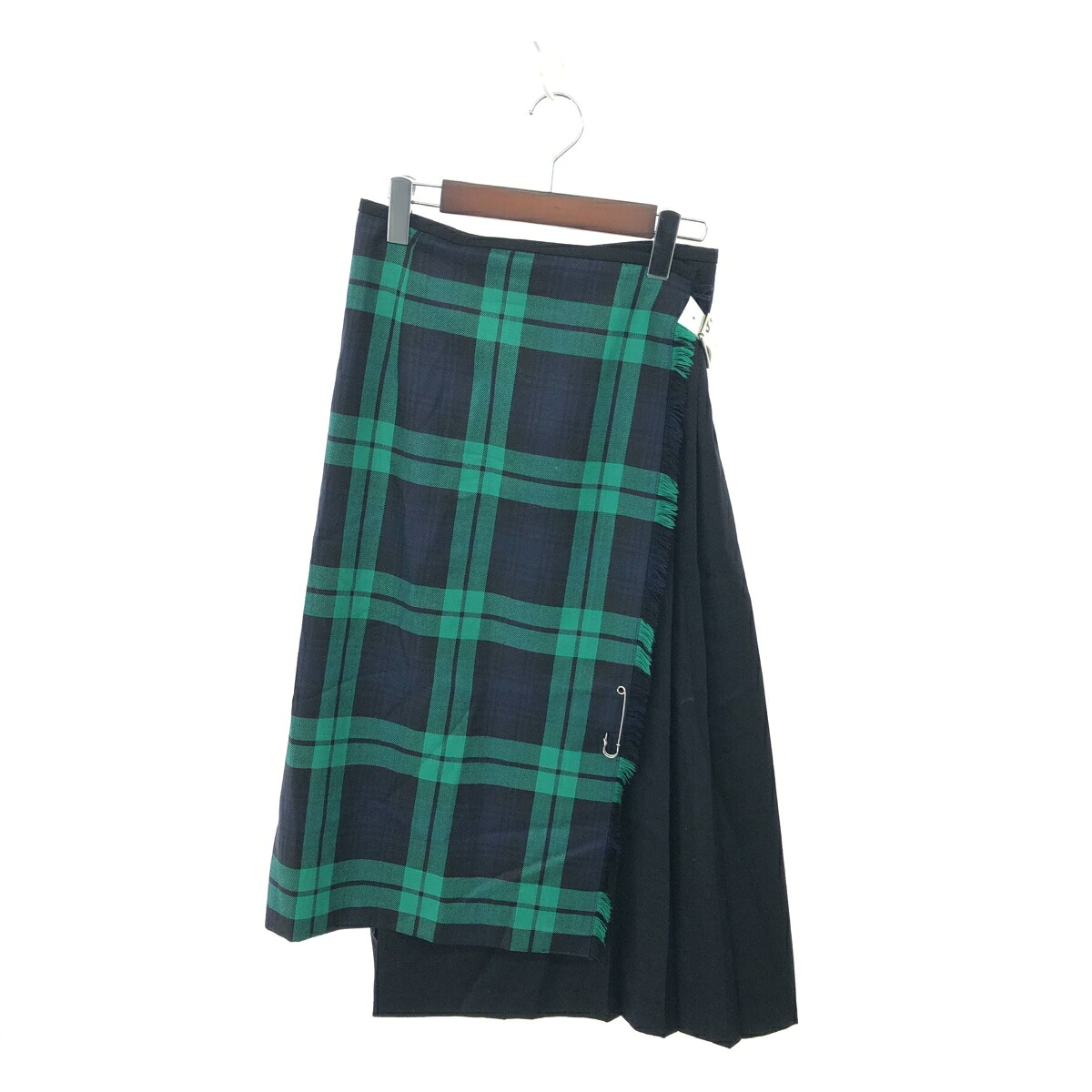 O'NEIL OF DUBLIN オニールオブダブリン アシンメトリーラップスカート 美品 サイズ:US4 チェックバックプリーツキルトウール グリーン 【中古】