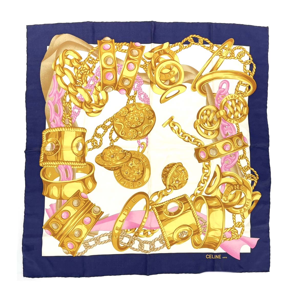 CELINE ペンギンとチェーン柄 スカーフ　新品未使用　シルク100% CELINE(セリーヌ) / ペンギンチェーン柄スカーフ/シルク/PNK/総
