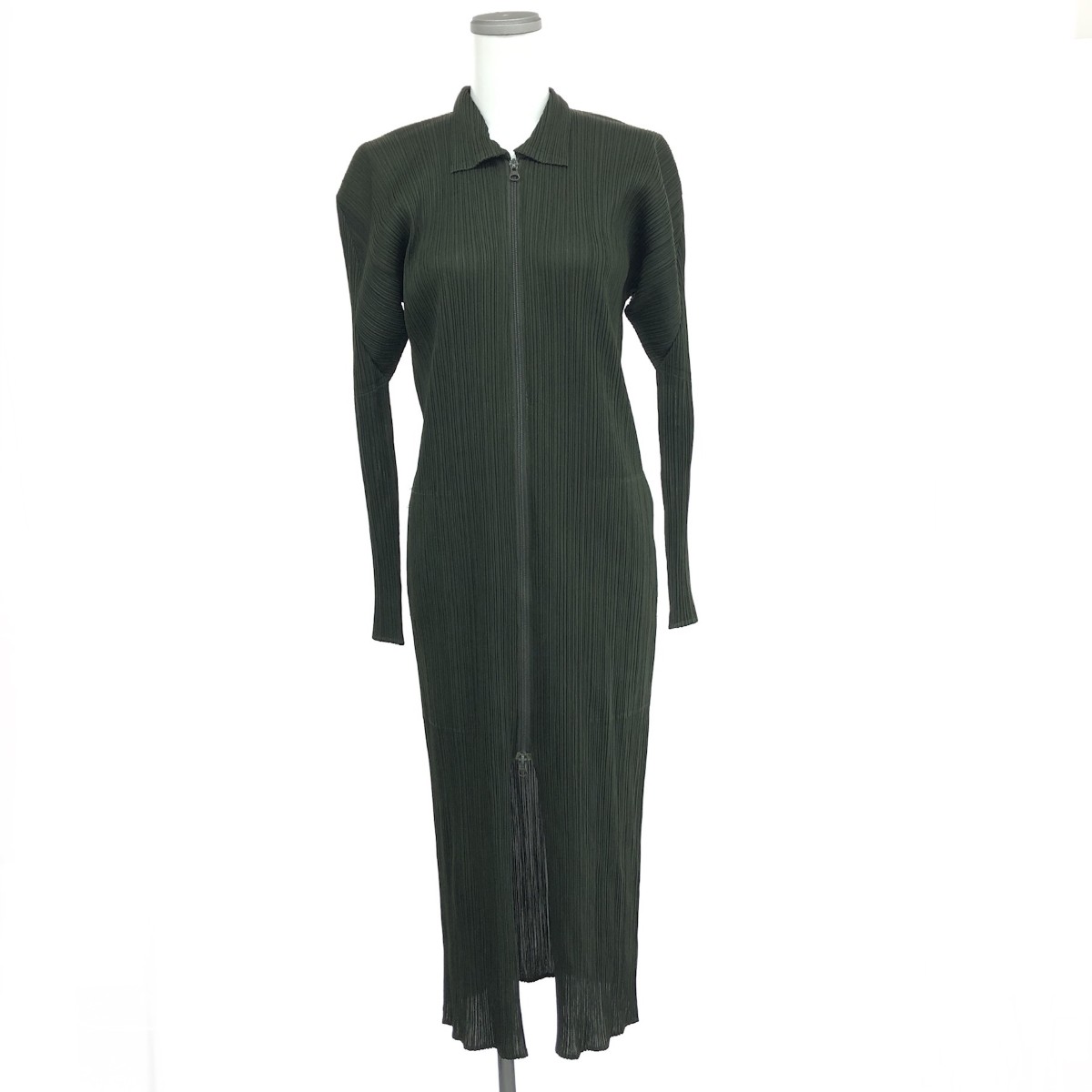 PLEATS PLEASE プリーツプリーズ ジップアップ長袖ワンピース サイズ:3 カーキ レディース【中古】