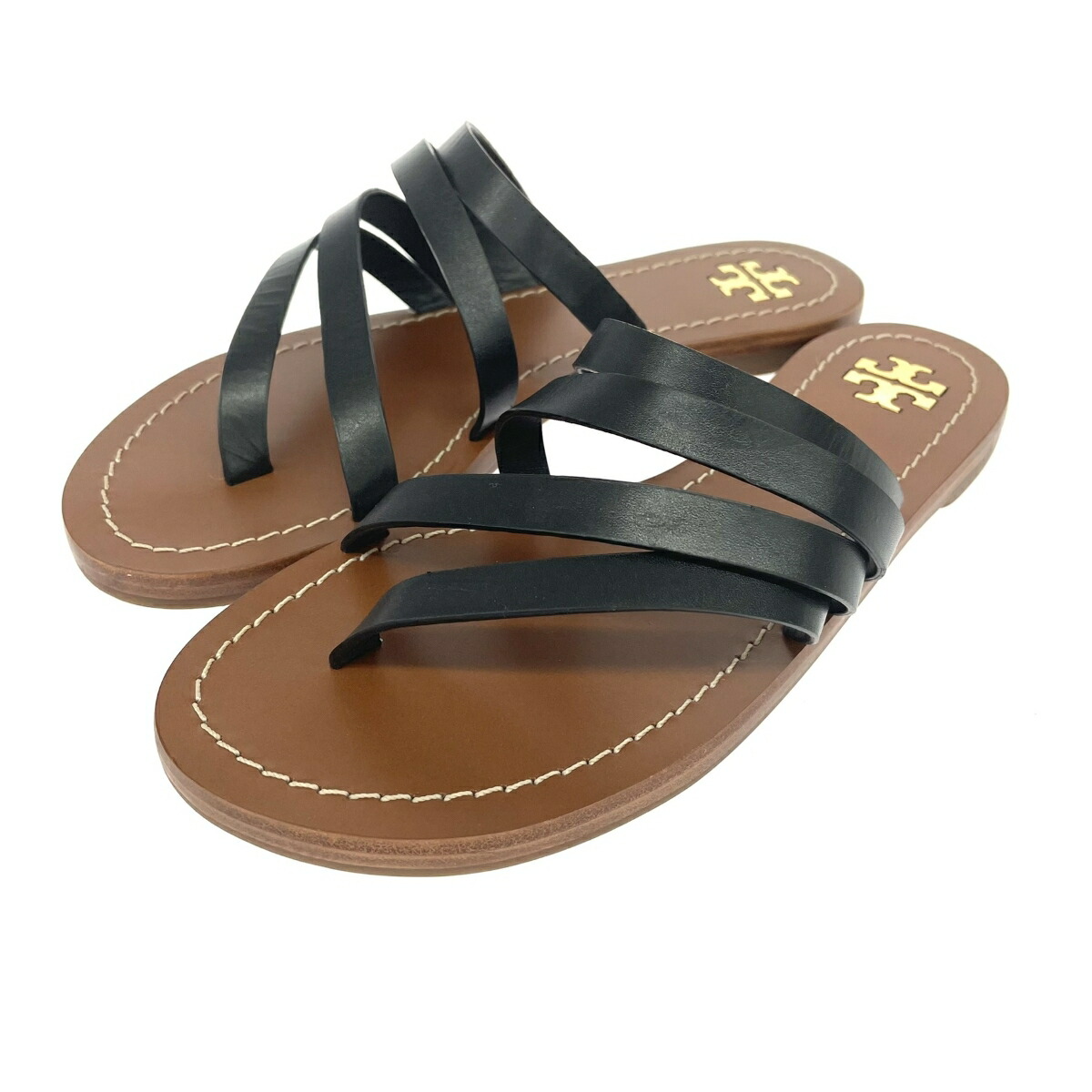 TORYBURCH トリーバーチ 木目細かサンダル 美品 書きあらわす大いさ:5 1/2 なめし革/アイコンプレート    黒いこと/赤銅色 レディース【中古】 靴-レディース靴