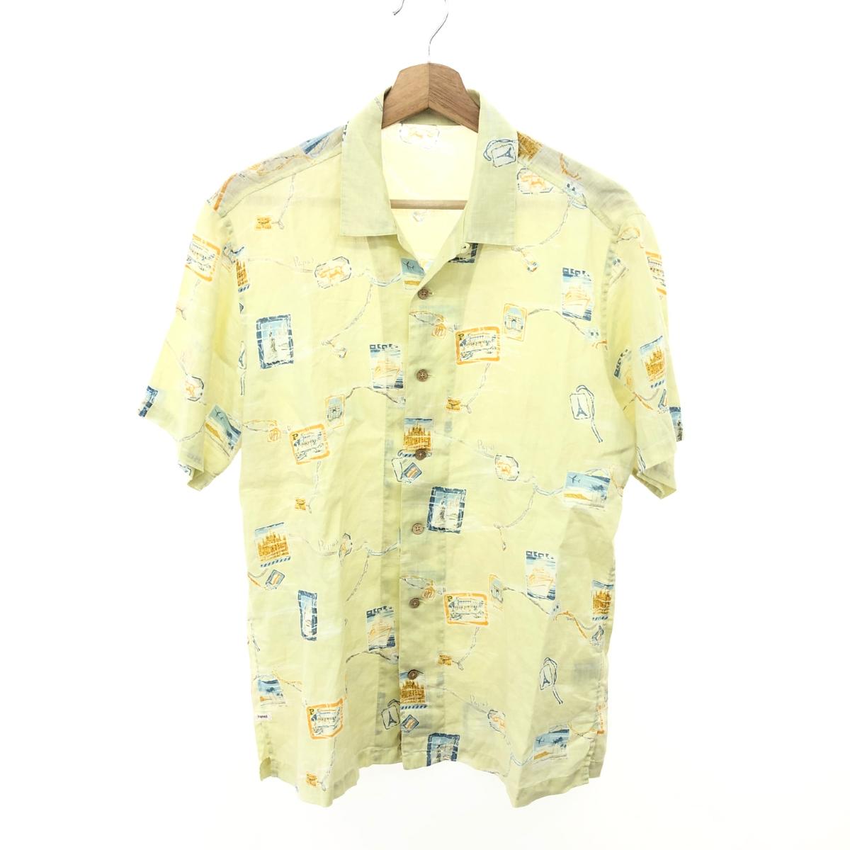 PAPAS パ通り手形 半袖アロハシャツ  大きさ:S 46 リネン   麻100％ 黄色 メンズ【中古】