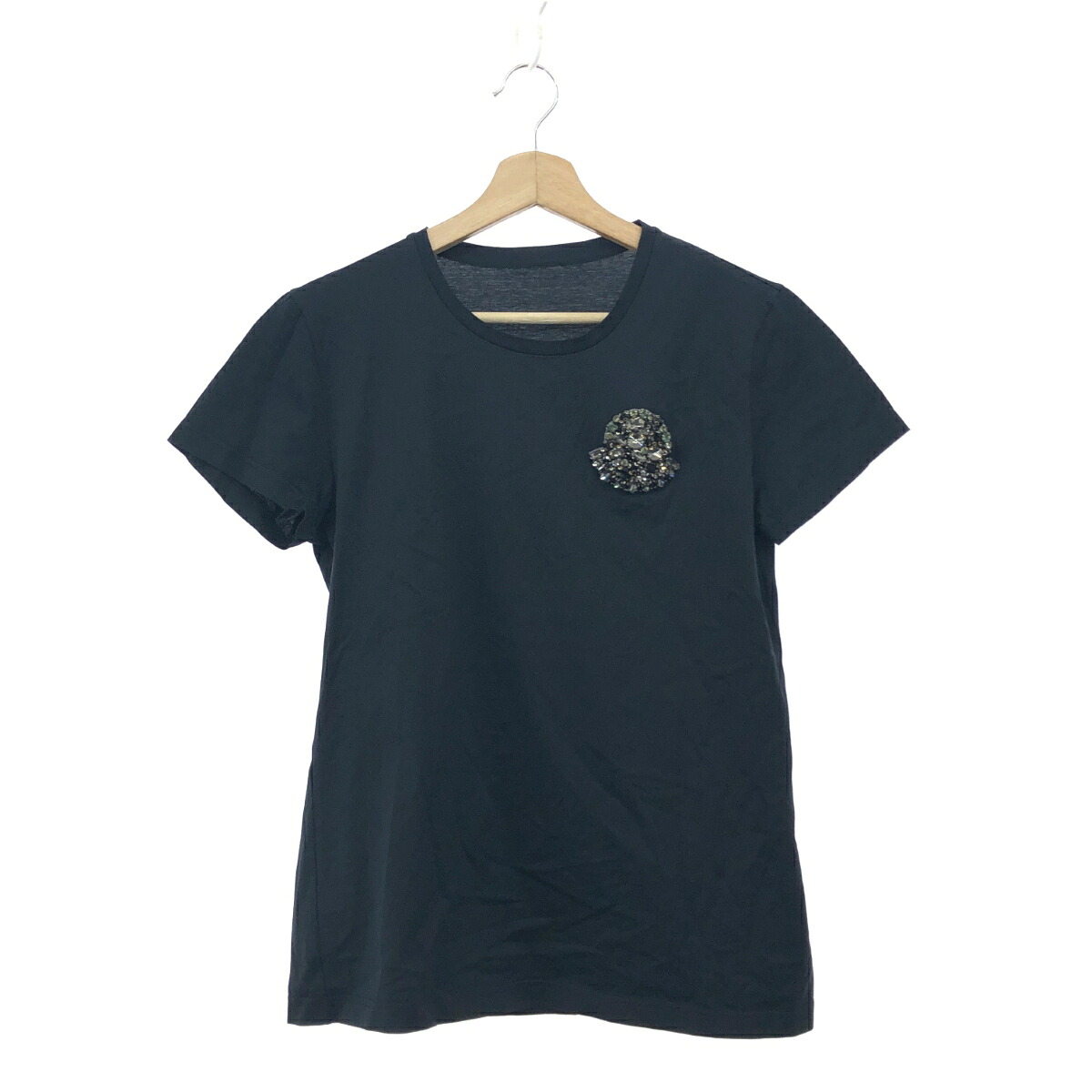 MONCLER モンク軌跡 半袖カットソー/T-SHIRT GIROCOLLO  大いさ:L ビジューロゴデザイン    黒いこと レディース【中古】 Tシャツ・カットソー-レディースファッション-トップス