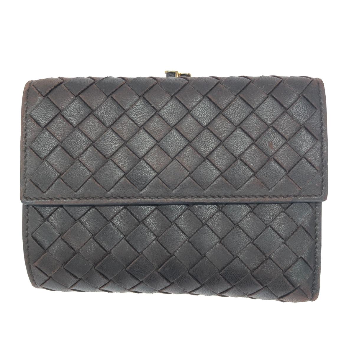 BOTTEGA VENETA ボッテガヴェネタ 三つ折り財布 イントレチャート/がま口/レザー ブラウン レディース【中古】