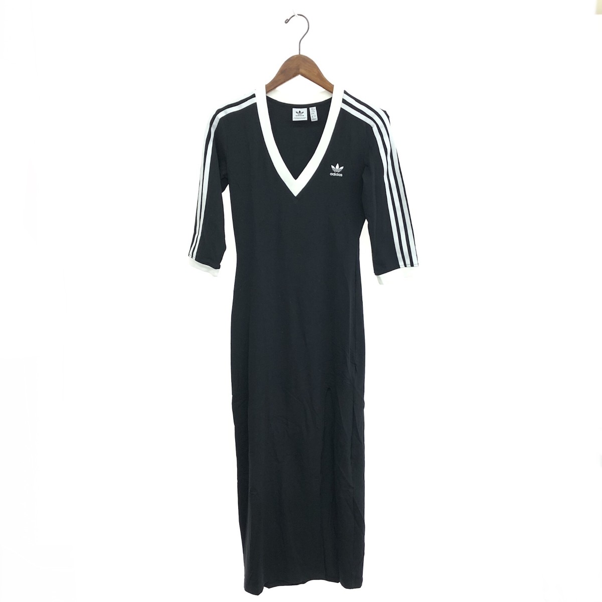 adidas アディダス スリーストライプス マキシワンピース 良好 サイズ:L ロング/サイドスリット 23年/IK0439 ブラック レディース【中古】