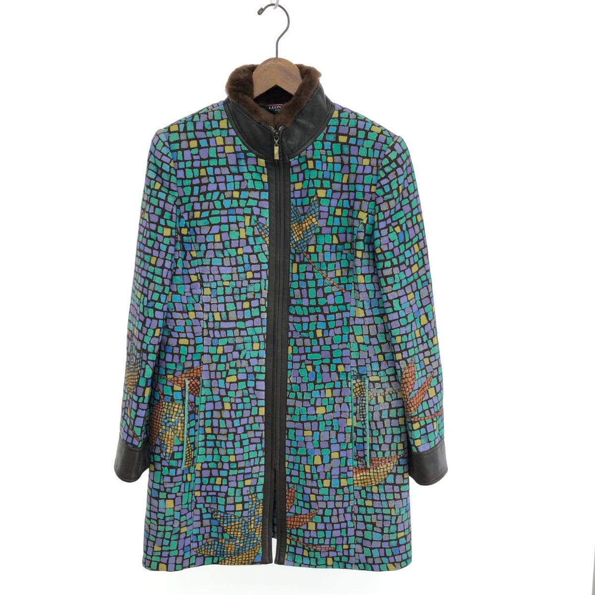LEONARD レオナール ジップアップロングコート サイズ:11AR レザー×ミンク×カシミヤ混/宝石柄 マルチカラー レディース【中古】
