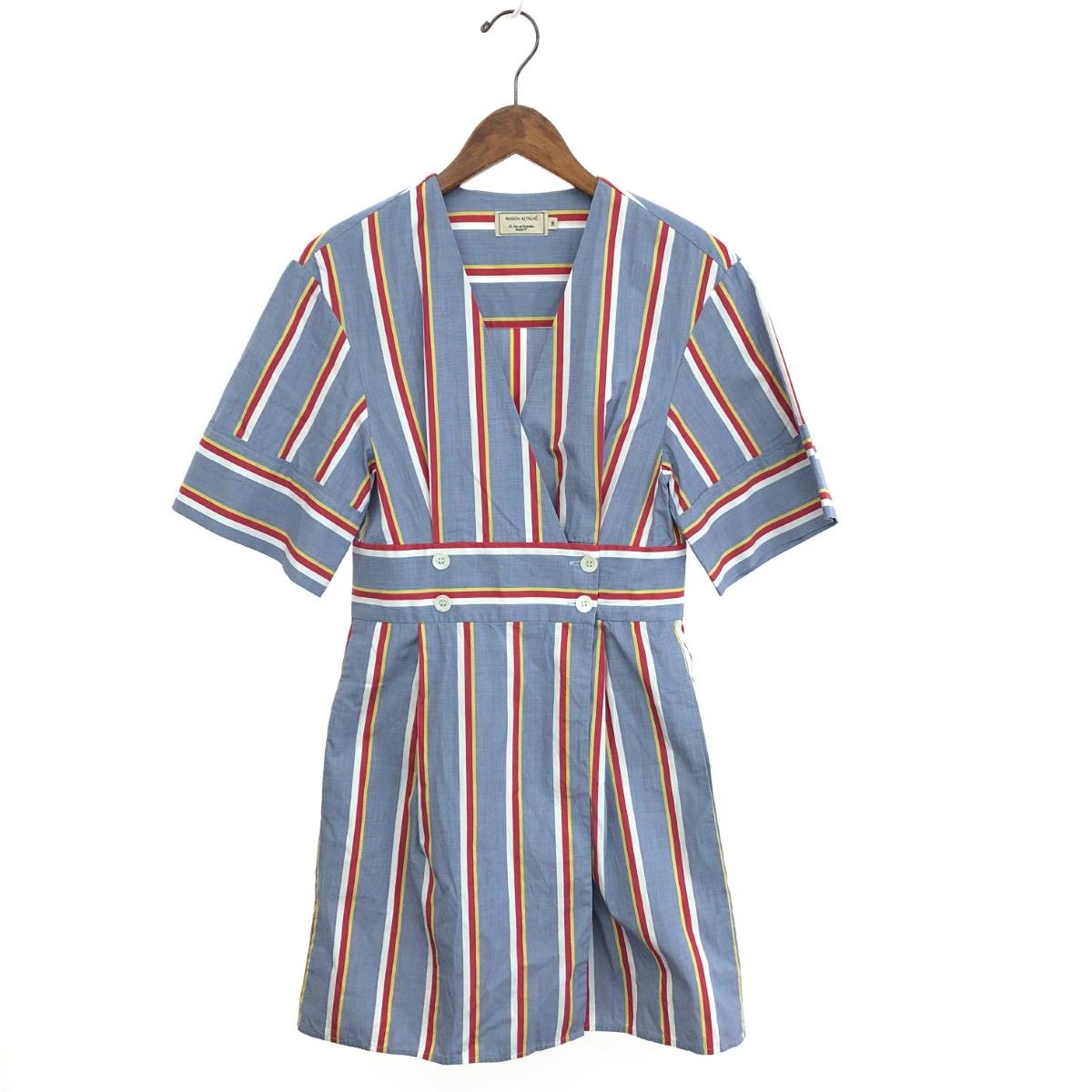 MAISON KITSUNE メゾンキツネ ストライプワンピース 良好 サイズ:36 カシュクール/ラップ ブルー レディース【中古】