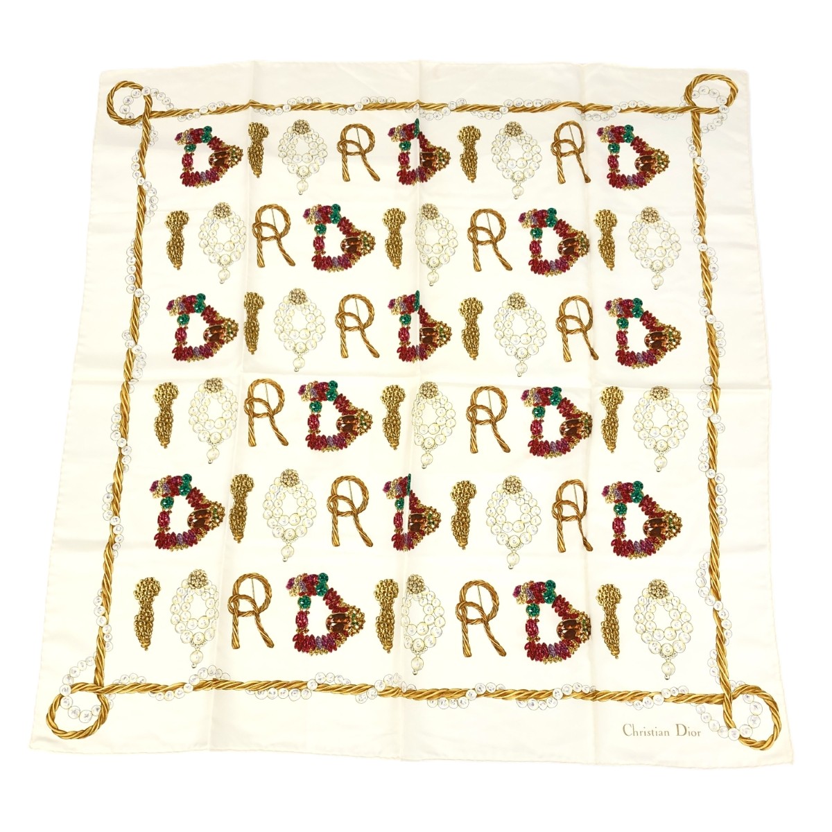 Christian Dior クリスチャンディオール スカーフ ビジューロゴ柄 シルク ホワイト レディース【中古】 9,458円