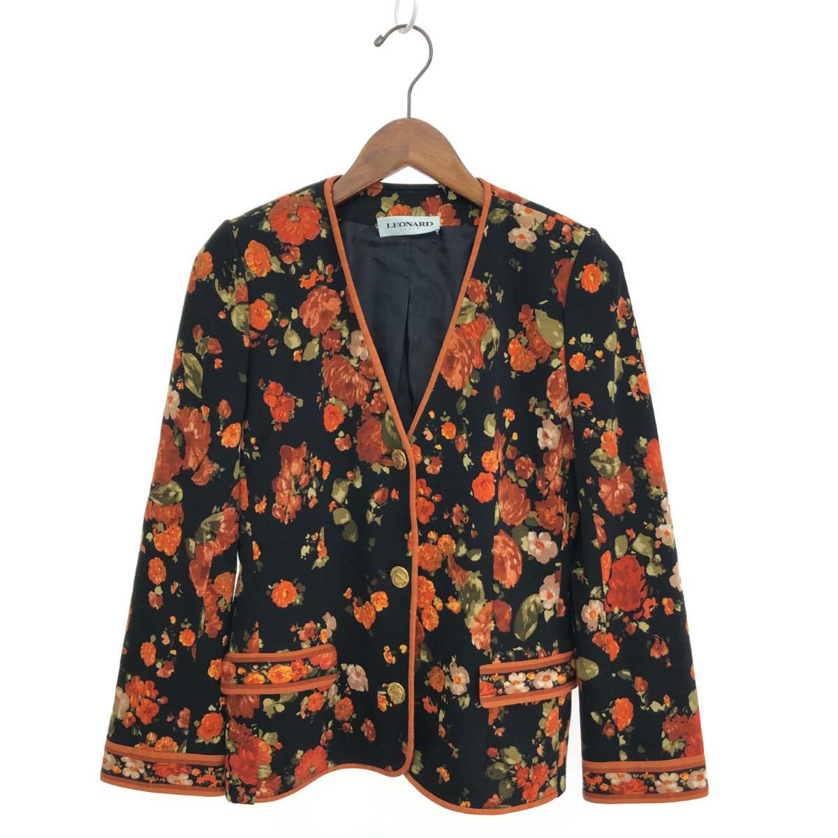 LEONARD レオナール 総柄ジャケット 良好 サイズ:38 メインライン/花柄 ブラック/ブラウン レディース【中古】