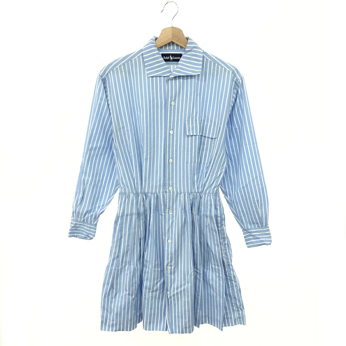 RALPH LAUREN ラルフローレン 長袖ワンピース サイズ:11 ストライプ柄/シャツワンピ コットン ライトブルー レディース【中古】