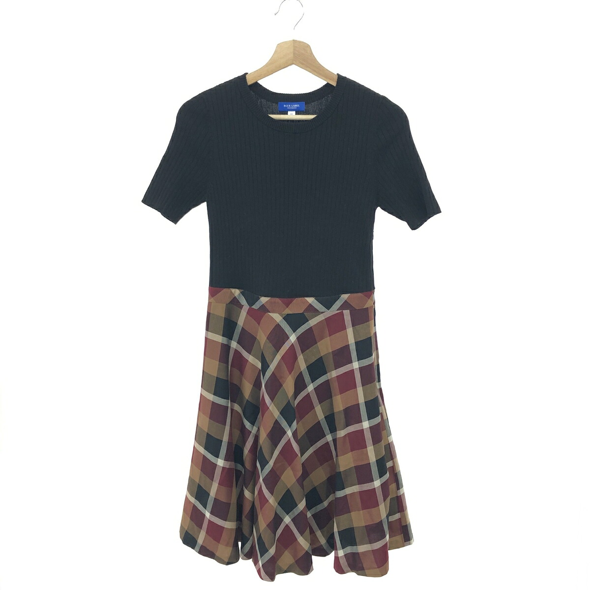 BLUE LABEL ブルーレーベルクレストブリッジ リブニットうつり変わり衣装 好ましい 大きさ:38 半袖/照合のしるし柄    黒いこと/ボルドーワイン レディース【中古】