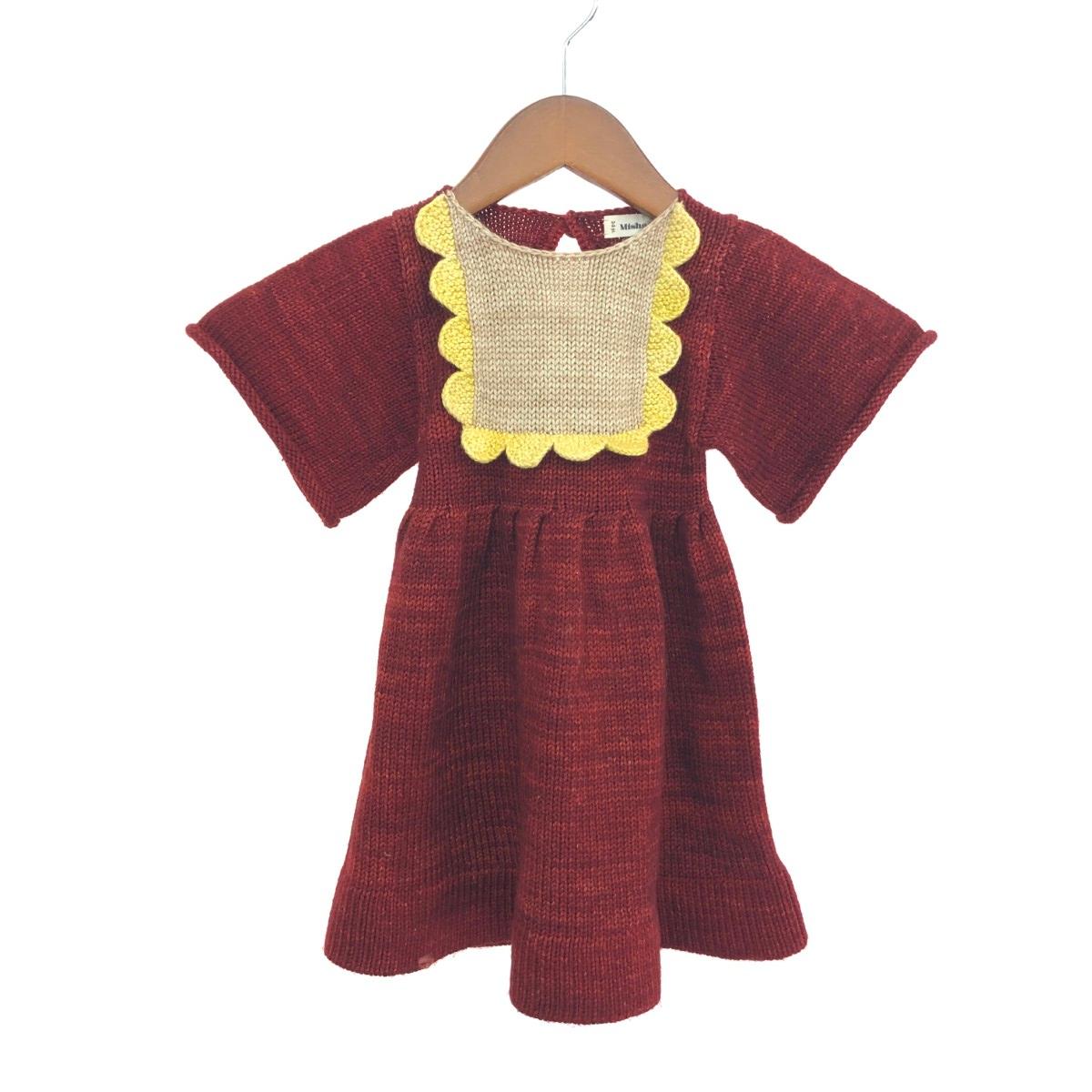 Misha&Puff ミーシャアンドパフ ニットワンピース サイズ:2-3Yr 2~3才 メリノウール100% ボルドー キッズ【中古】