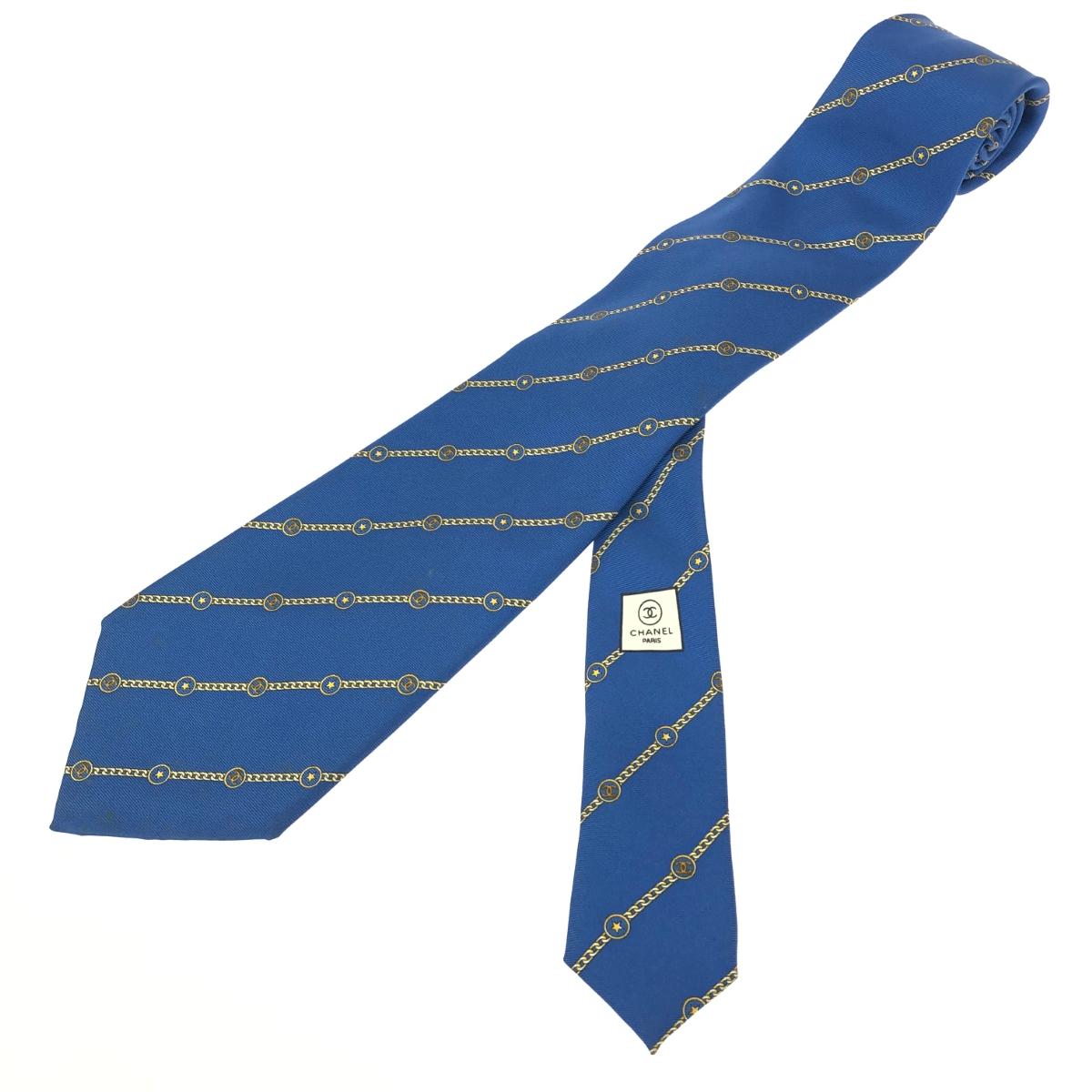 美品　シャネル　CHANEL シルク ネクタイ リボン格子 ネクタイ　プレゼント CHANEL（シャネル） ネクタイ シルク レギュラータイ 総柄 紺 ネイビー