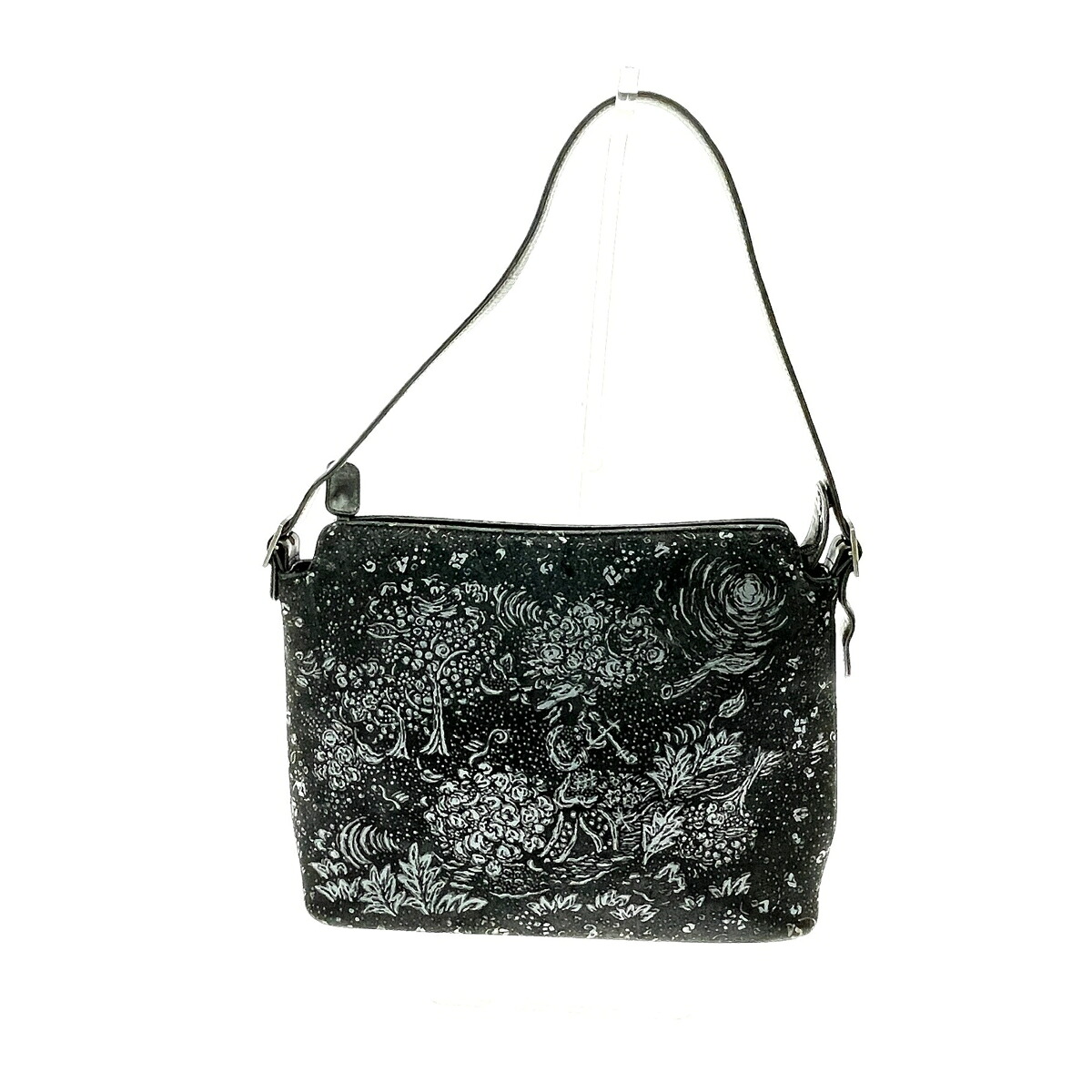 印傳屋 インデンヤ ワンショルダーバッグ ポルカンド/草花/黒地鹿革黒漆 ブラック レディース【中古】|リサイクル ティファナ