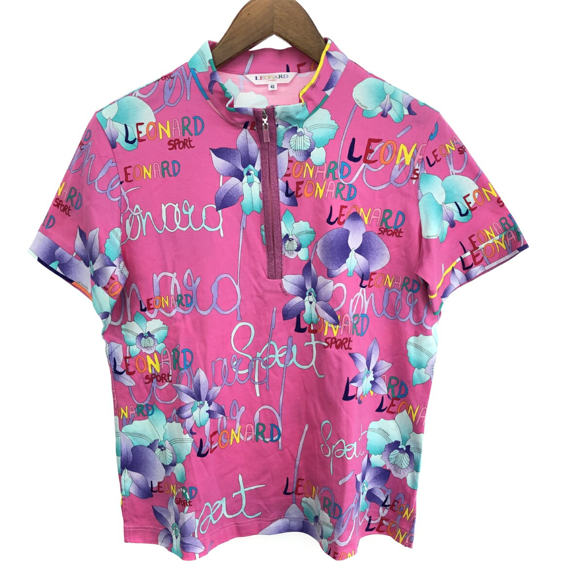 LEONARD SPORT レオナールスポーツ ハーフジップポロシャツ 良好 サイズ:42 総柄 ピンク レディース【中古】