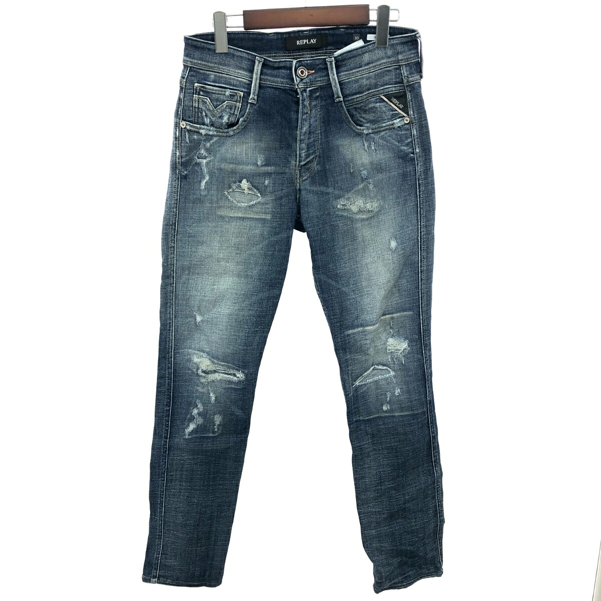 REPLAY リプレイ デニムパンツ サイズ:30 革パッチ/ダメージ加工/ストレッチ ブルー メンズ【中古】