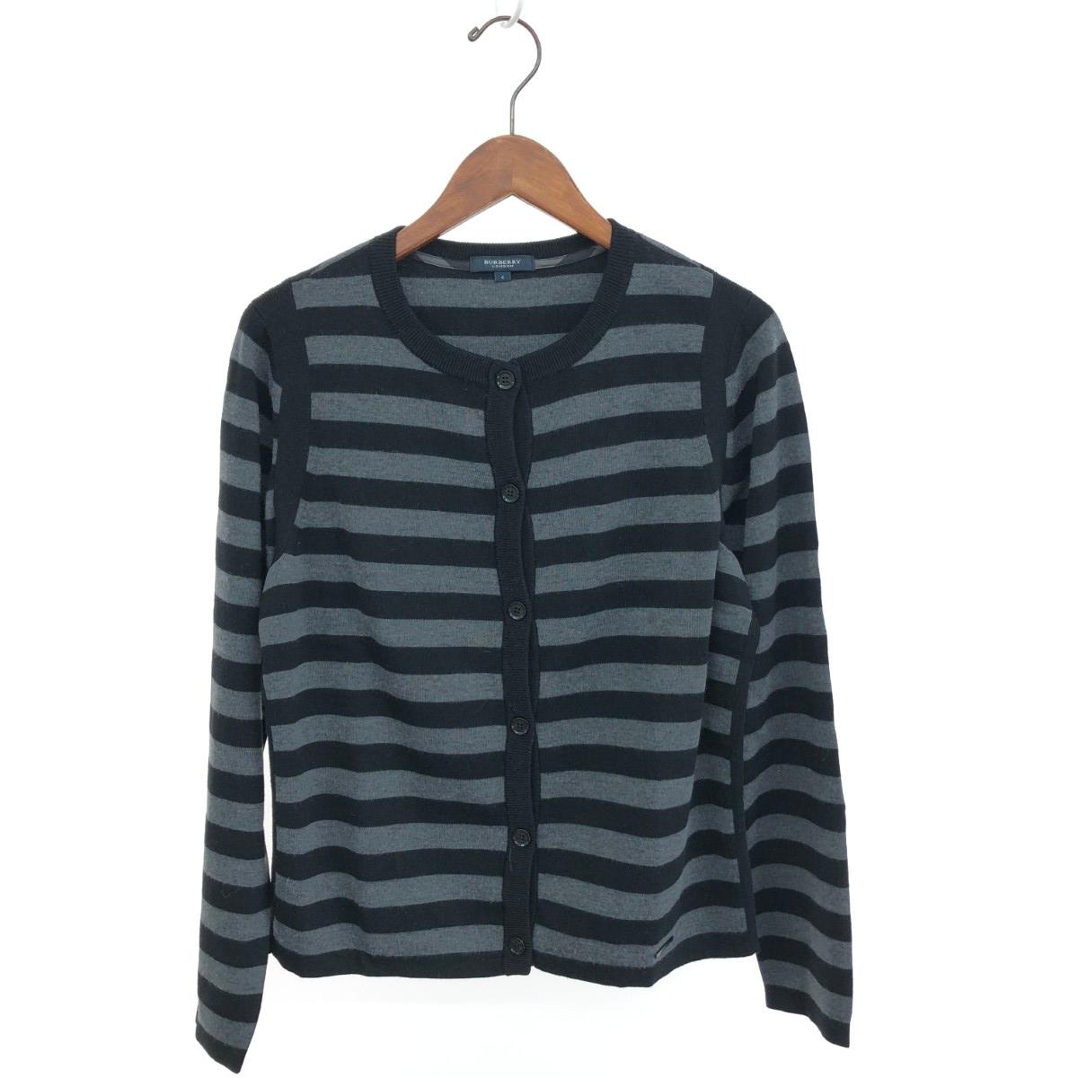 BURBERRY LONDON バーバリーロンドン 長袖カーディガン 良好 サイズ:4 ロゴプレート/ボーダー ブラック/グレー レディース【中古】